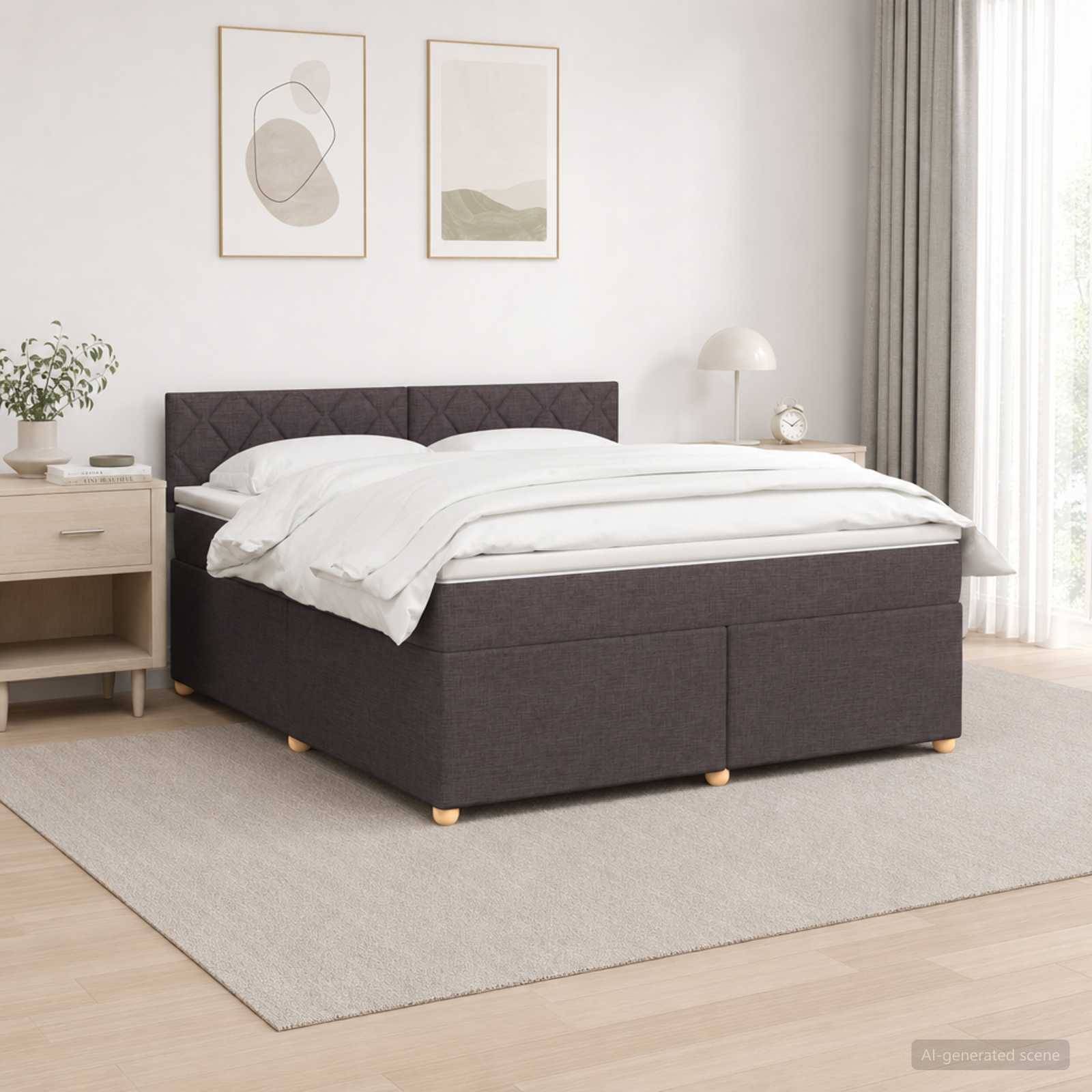 Modernes Schlafzimmer mit einem dunkel gepolsterten Bett, weißer Bettwäsche, Nachttischen, gerahmten Wandbildern und weichem Naturlicht.