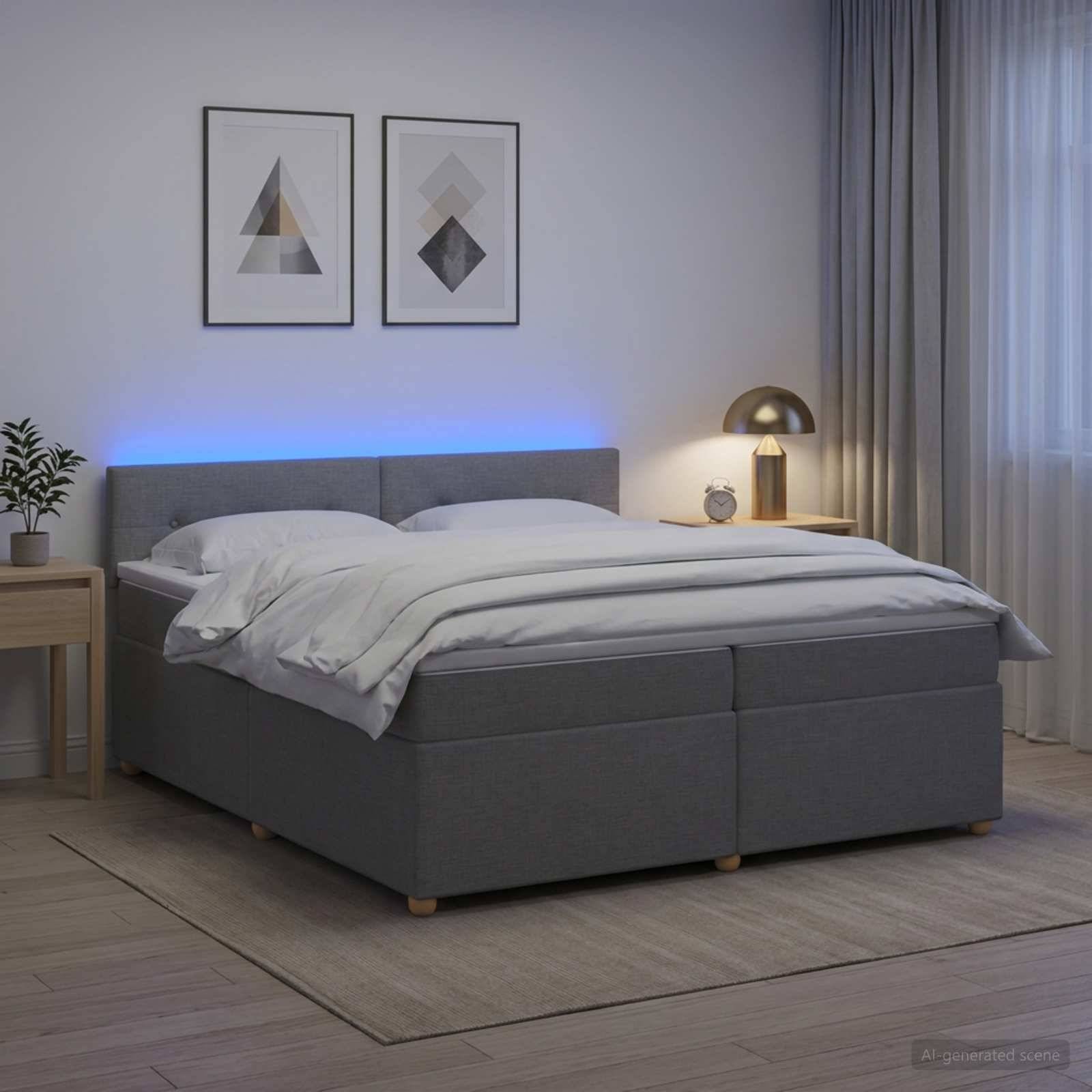 Modernes Schlafzimmer mit einem grau gepolsterten Bett, weißer Bettwäsche, blauer Kopfleuchte, Nachttischlampe, gerahmtem Wandbild und transparenten Vorhängen.