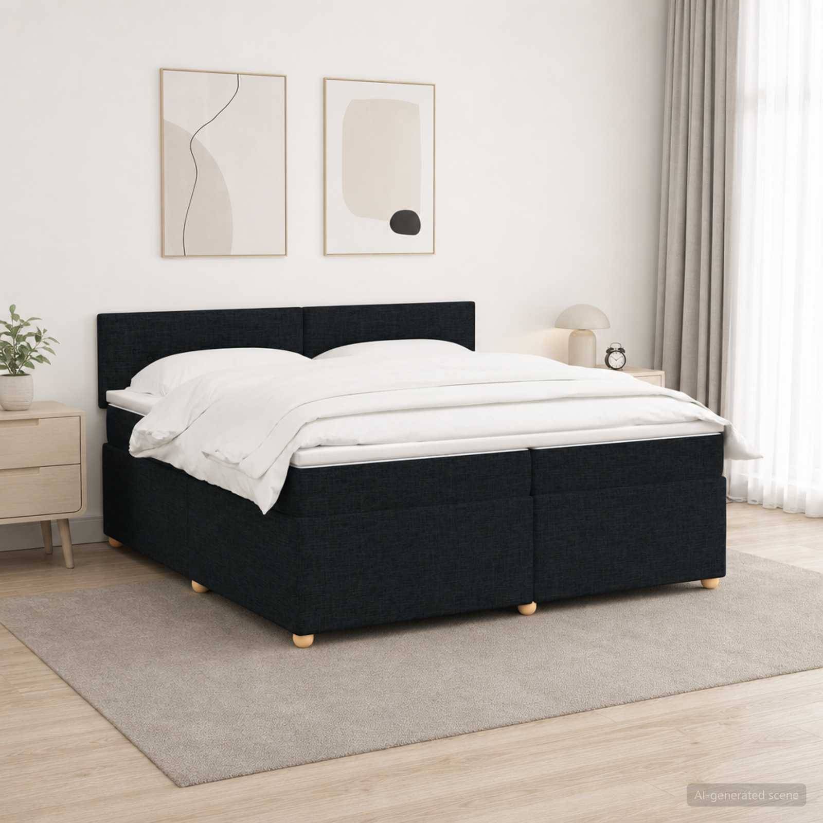Modernes Schlafzimmer mit einem schwarzen gepolsterten Bett, weißer Bettwäsche, zwei abstrakten Wanddrucken, Nachttisch und weicher, neutraler Dekoration.