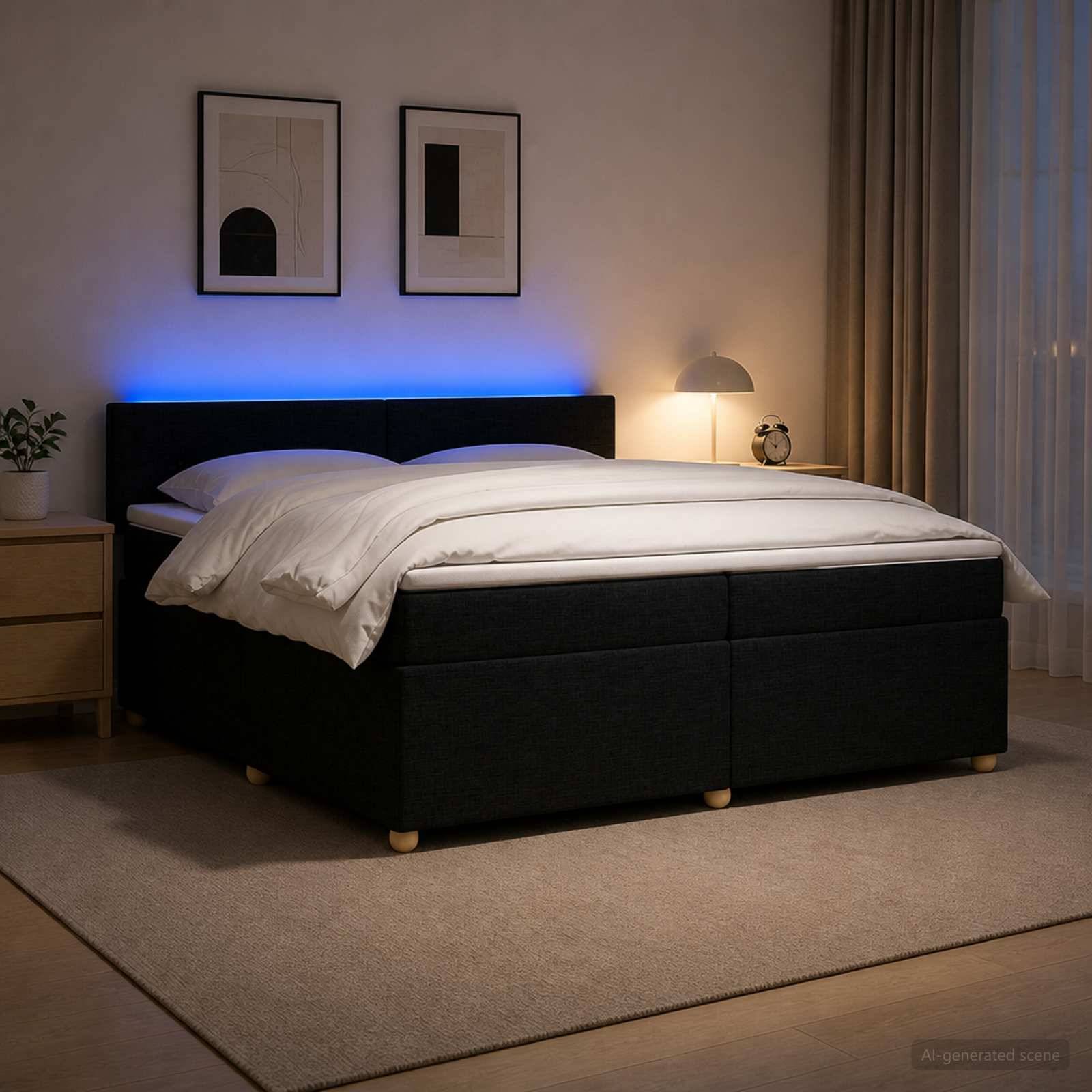 Modernes Schlafzimmer mit einem schwarz gepolsterten Bett, weißer Bettwäsche, blauer Kopfleuchte, Nachttischlampe, Nachttisch, Wandkunst und Teppich.