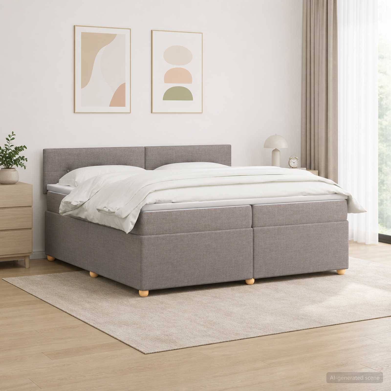 Modernes Schlafzimmer mit grauem Polsterbett, weißer Bettwäsche, Nachttisch, gerahmter Wandkunst, Teppich und weichem Naturlicht.