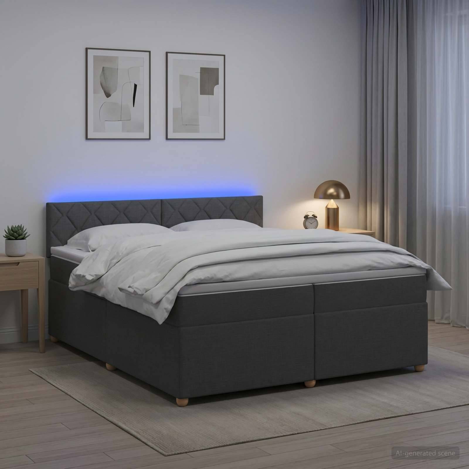Modernes Schlafzimmer mit dunkel gepolstertem Bett, weißer Bettwäsche, blauem LED-Kopfglow, Nachttischlampe, gerahmten Wandbildern und transparenten Vorhängen.