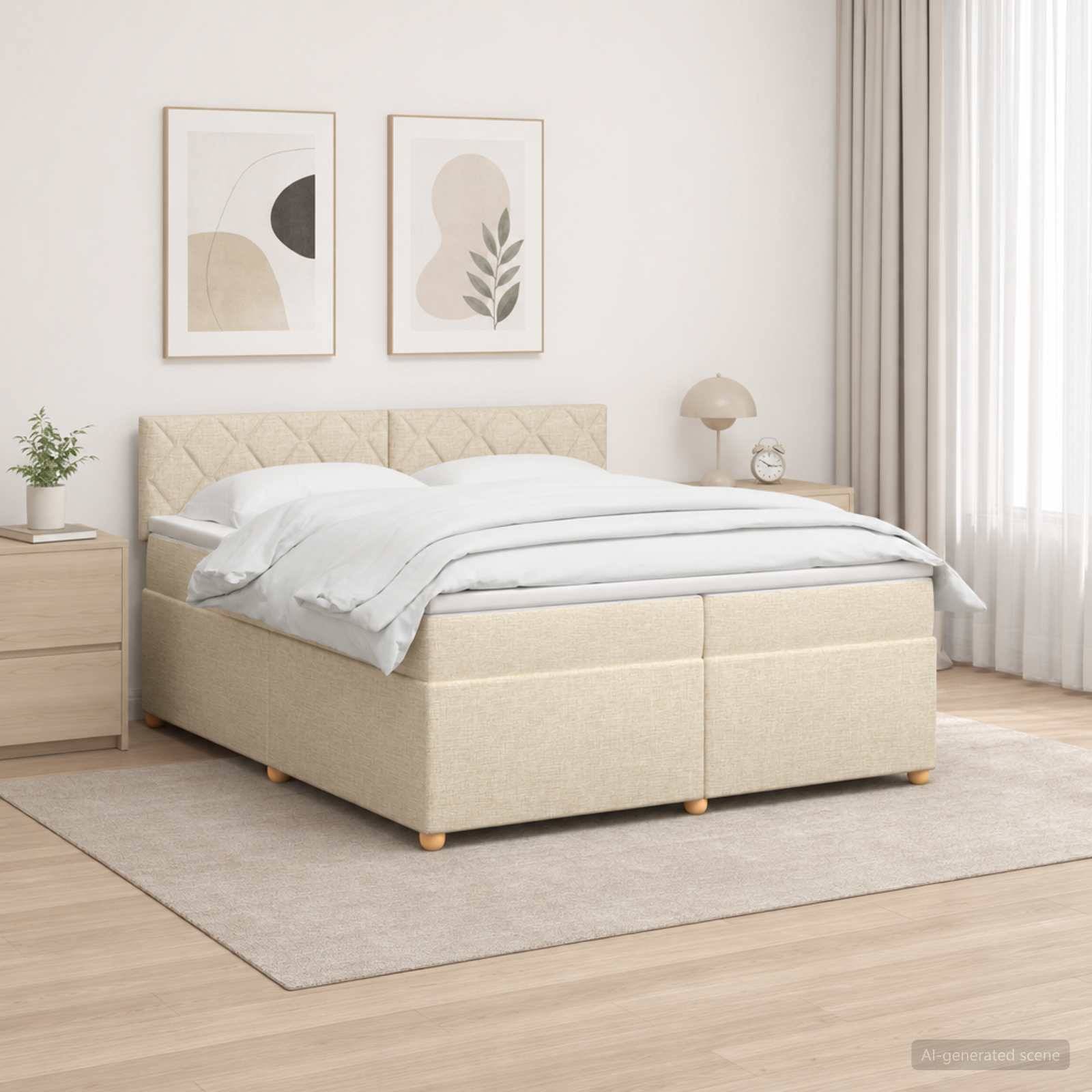 Minimales beiges Schlafzimmer mit gepolstertem Stauraumbett, weißer Bettwäsche, Nachttisch, Lampe, Kunstwerk und weichen Vorhängen.
