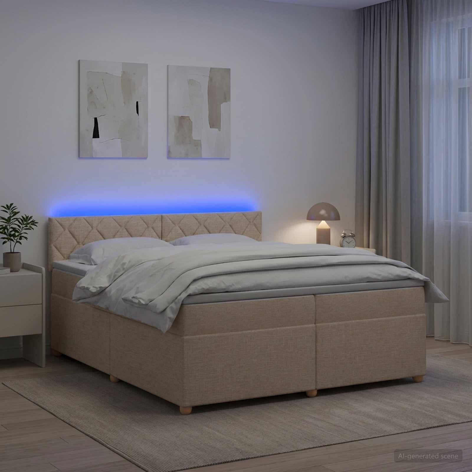 Modernes Schlafzimmer mit beigem gepolstertem Bett, blauem LED-Kopfglo, Nachttischlampe, Wandkunst und durchsichtigen Vorhängen neben einem Fenster.