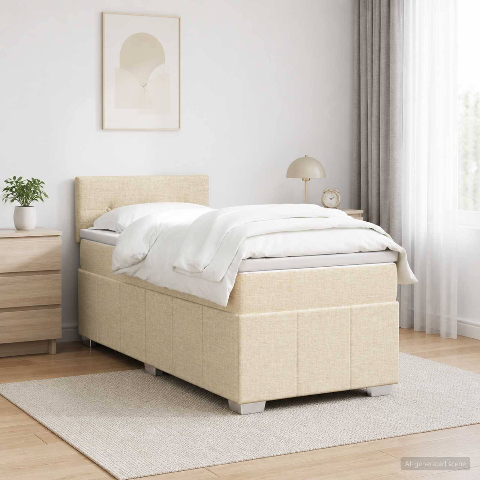 Ein ordentlich gemachtes beige gepolstertes Bett in einem hellen minimalistischen Schlafzimmer mit Nachttisch, Lampe, Pflanze und Fenster mit Vorhängen.