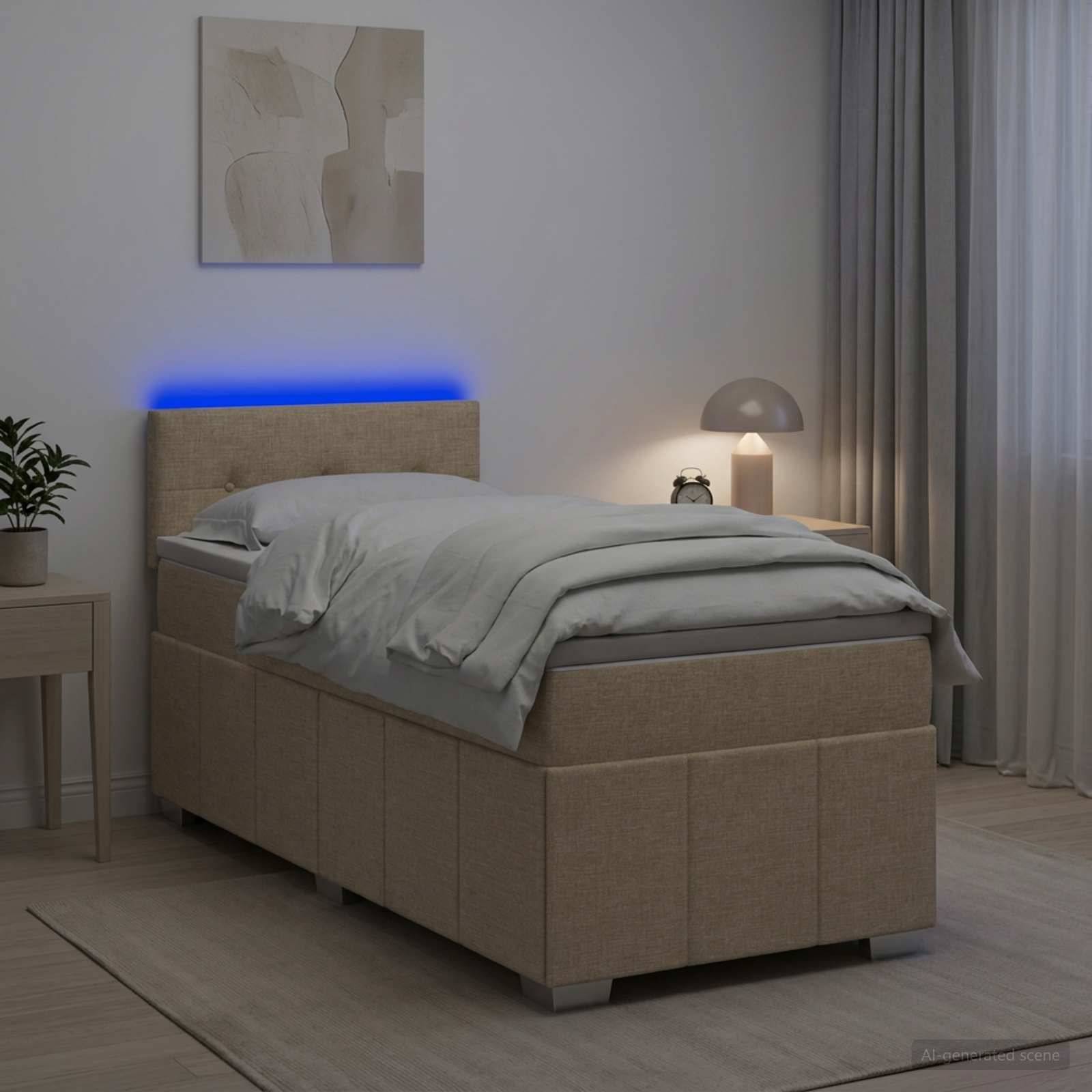 Ein sorgfältig gemachtes Einzelbett in einem minimalistischen Schlafzimmer mit blau beleuchteter Kopfwand, Nachttischlampe, Vorhängen und Wandkunst.