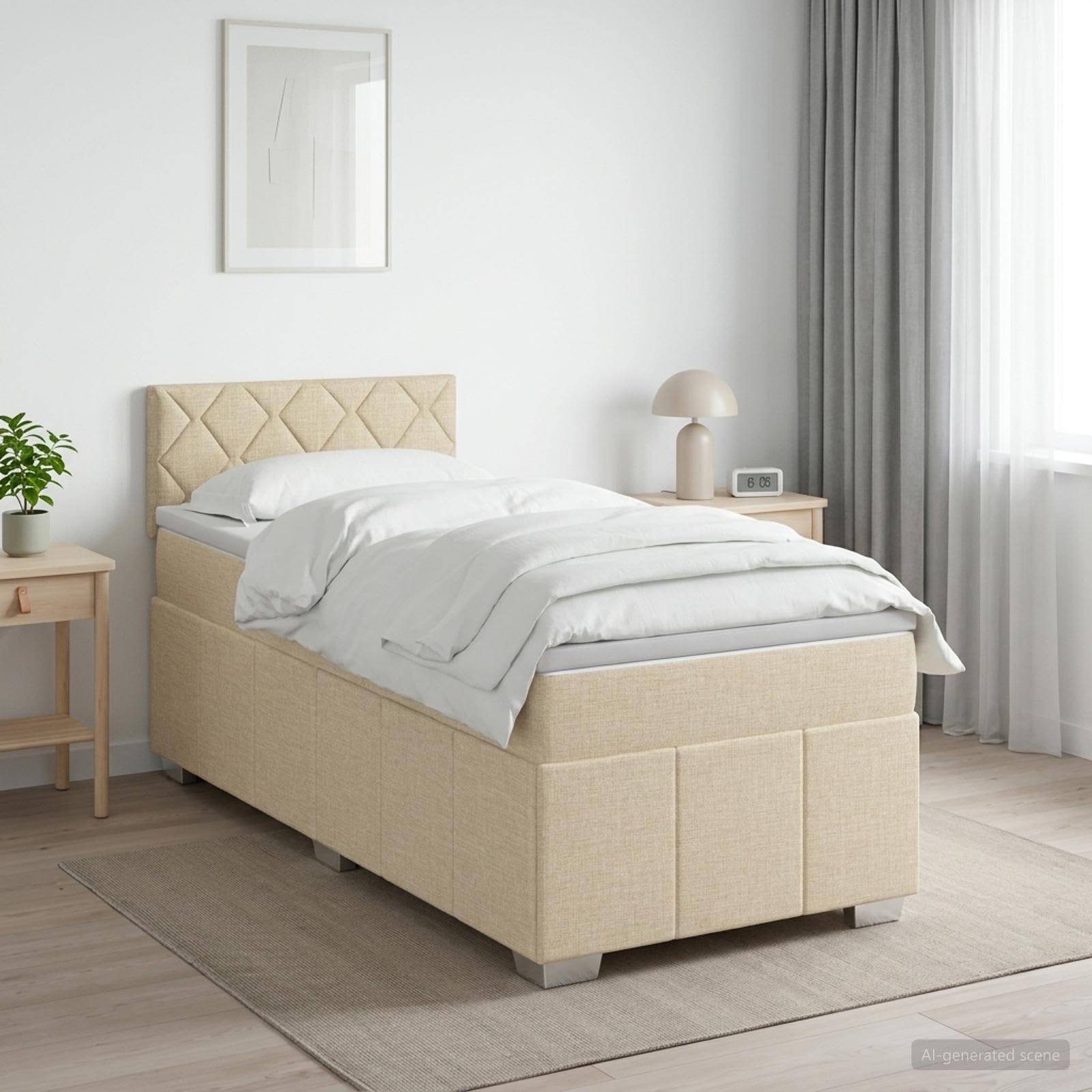 Ein beiges Polsterbett mit weißer Bettwäsche steht in einem hellen, minimalistischen Schlafzimmer mit Nachttisch, Lampe und Fenstervorhängen.
