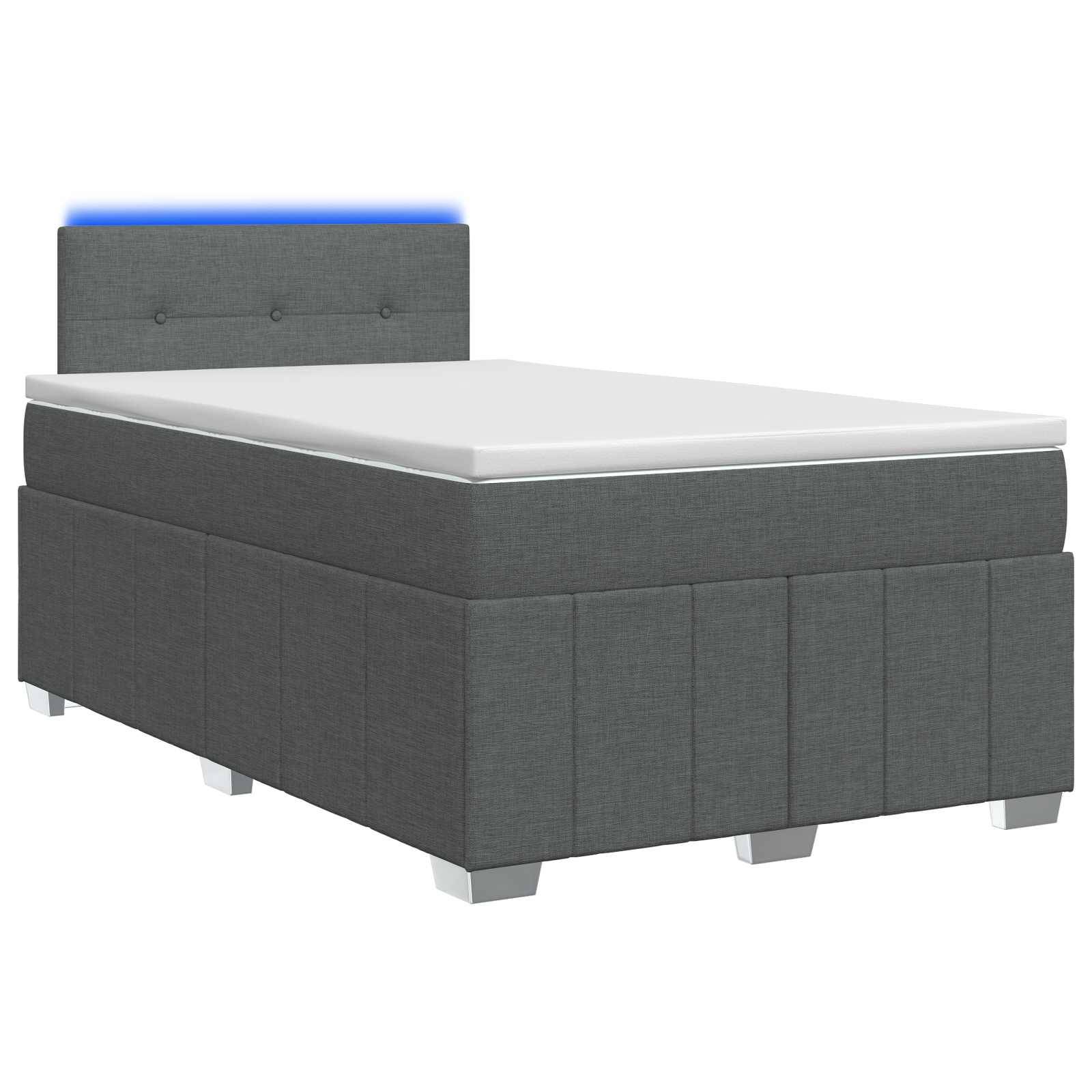 Grau gepolstertes Bett mit weißer Matratze und gestepptem Kopfteil auf weißem Hintergrund.