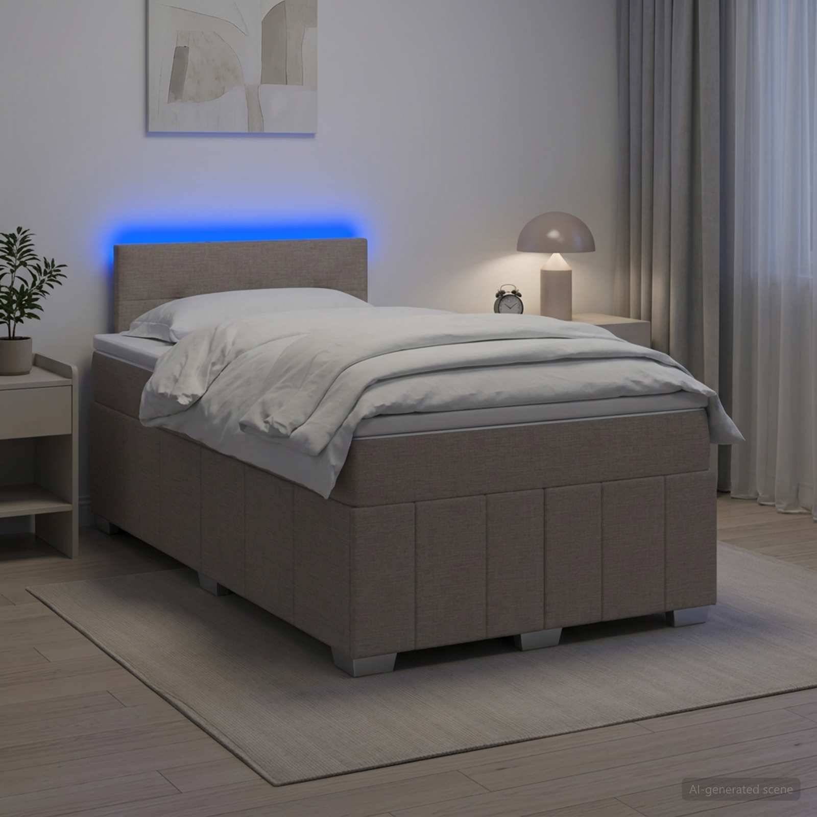 Modernes Polsterbett in einem minimalistischen Schlafzimmer mit blaubeleuchteter Kopfstütze, weißer Bettwäsche, Nachttisch, Lampe und Vorhängen.