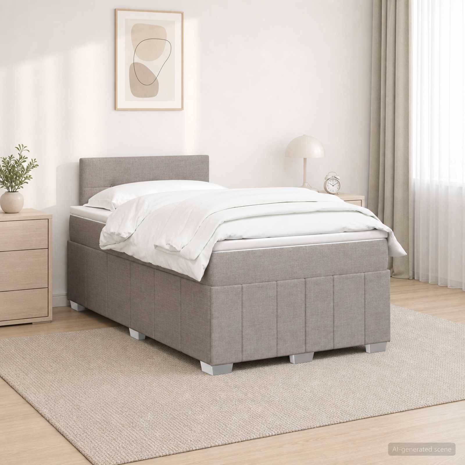 Minimalistisches Schlafzimmer mit einem grau gepolsterten Bett, weißer Bettwäsche, Nachttisch, Lampe und gerahmter abstrakter Kunst auf einem hellen Teppich.