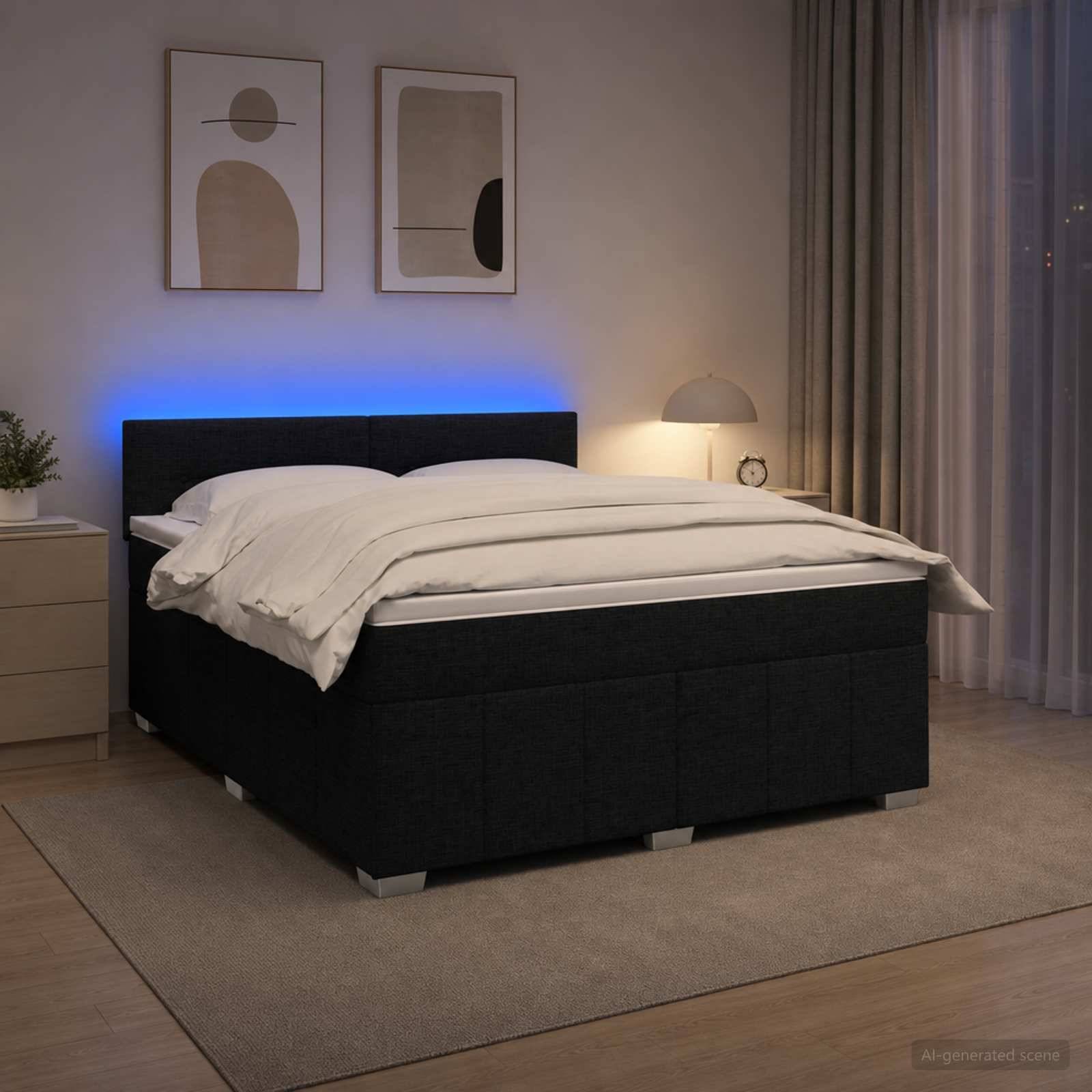 Modernes Schlafzimmer mit einem schwarzen Bett, weißer Bettwäsche, blauem LED-Kopfendsiglow, Nachttischlampe, Vorhängen und abstrakter Wandkunst.