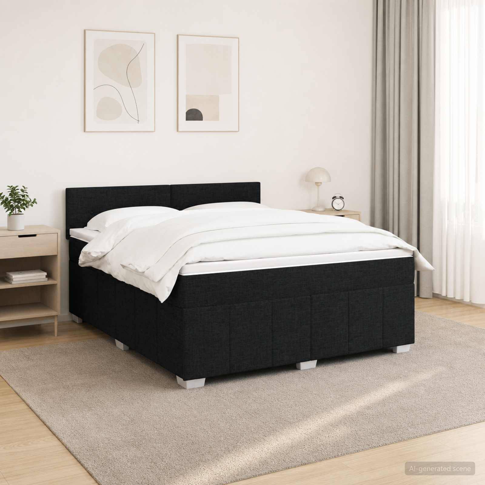 Ein modernes Schlafzimmer mit einem schwarz gepolsterten Bett, weißer Bettwäsche, einem Nachttisch, gerahmten Wandbildern, Vorhängen und einem hellen Teppich.