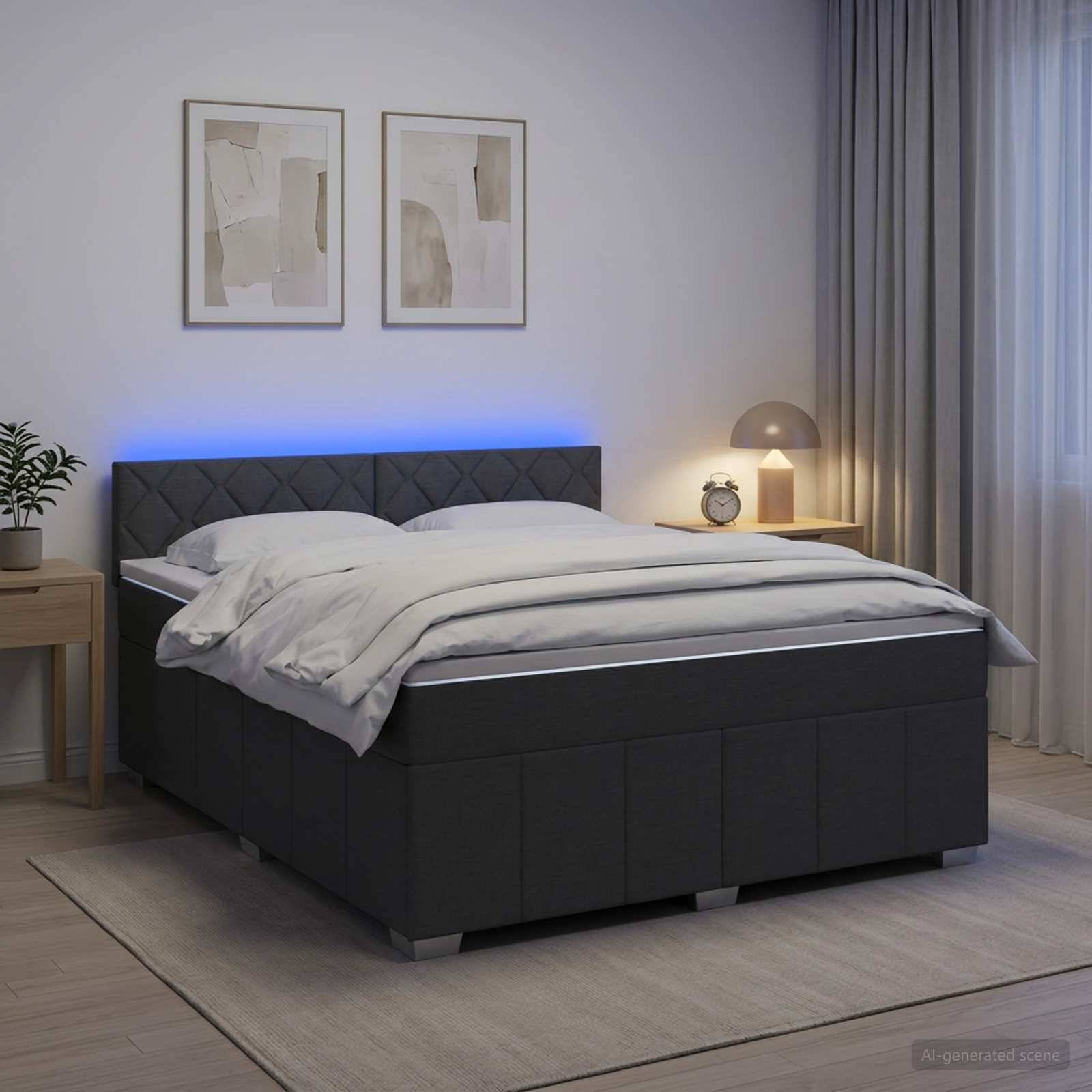 Modernes Schlafzimmer mit dunklem gepolstertem Bett, weißer Bettwäsche, blauem LED-Kopfleuchten-Glühen, Nachttischlampe, Uhr, gerahmter Wandkunst und transparenten Vorhängen.