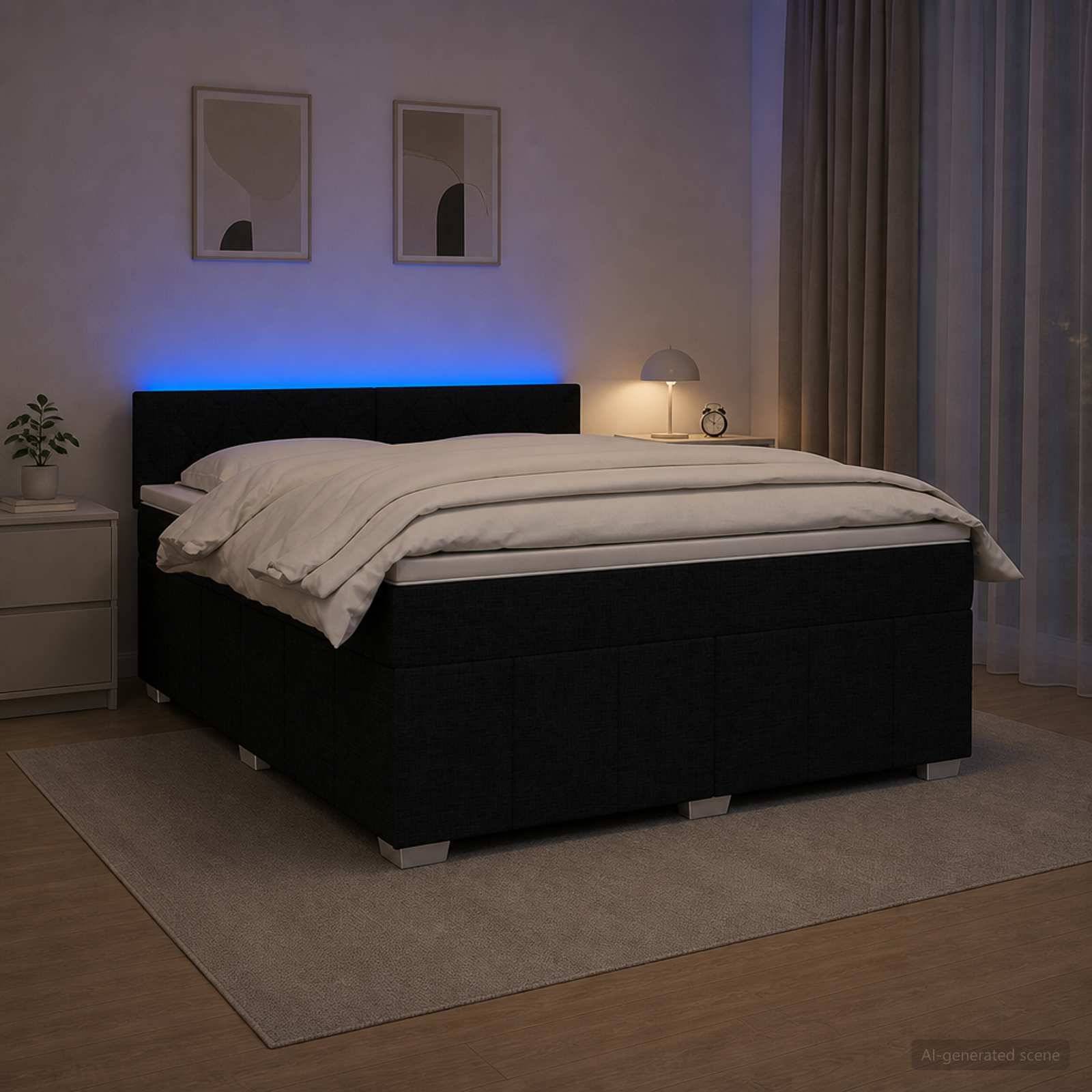 Modernes Schlafzimmer mit einem schwarzen Bett mit blauer LED-Kopfleuchte, beigefarbener Bettwäsche, einer Nachttischlampe und gerahmten Wandkunst.