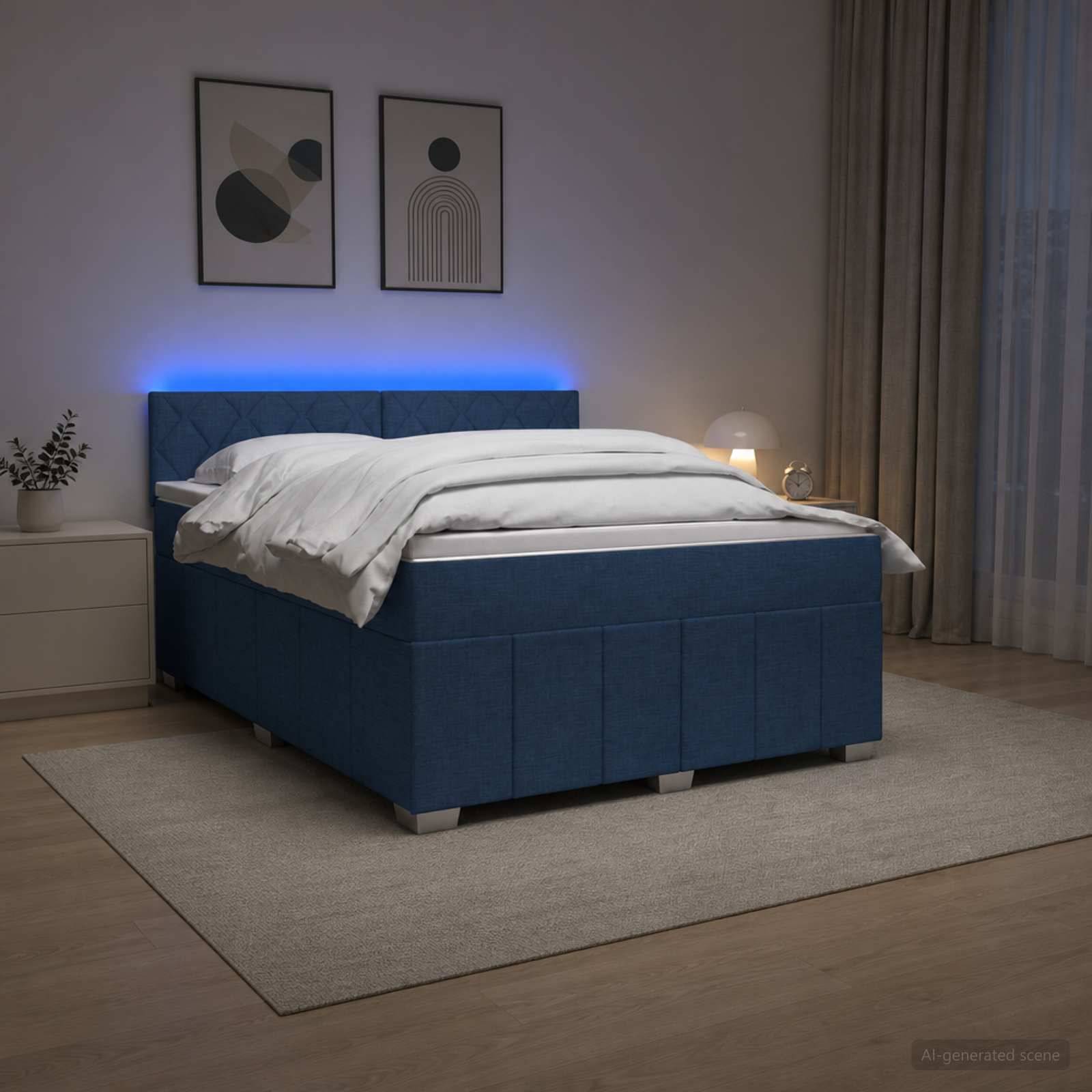Modernes Schlafzimmer mit einem blau gepolsterten Bett, weißer Bettwäsche, Nachttisch, gerahmter Wandkunst und sanfter blauer LED-Kopfleuchten-Beleuchtung.