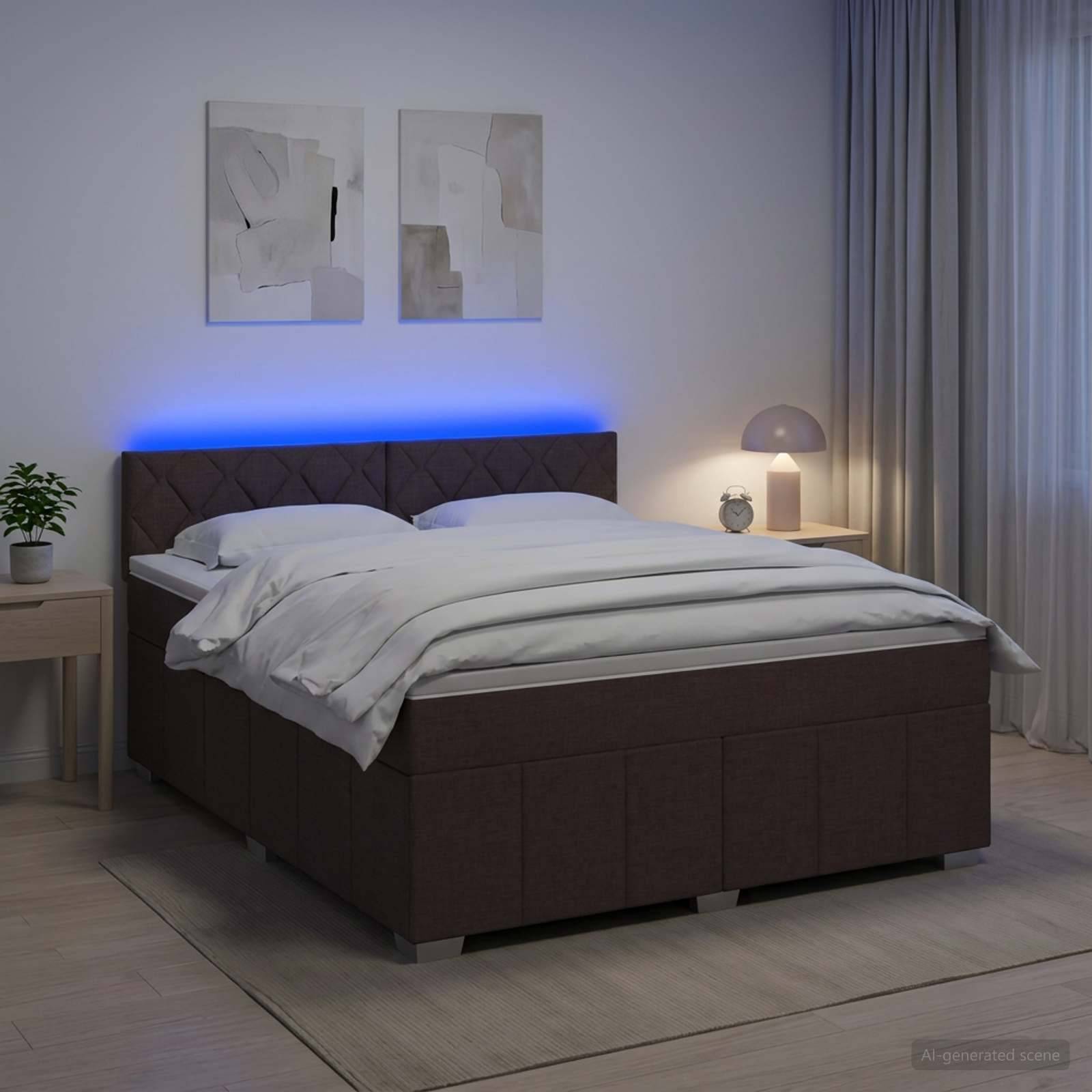 Modernes Schlafzimmer mit dunklem gepolstertem Bett, weißer Bettwäsche, blauer LED-Kopfleuchte, Nachttischlampen, Wandkunst und Vorhängen.