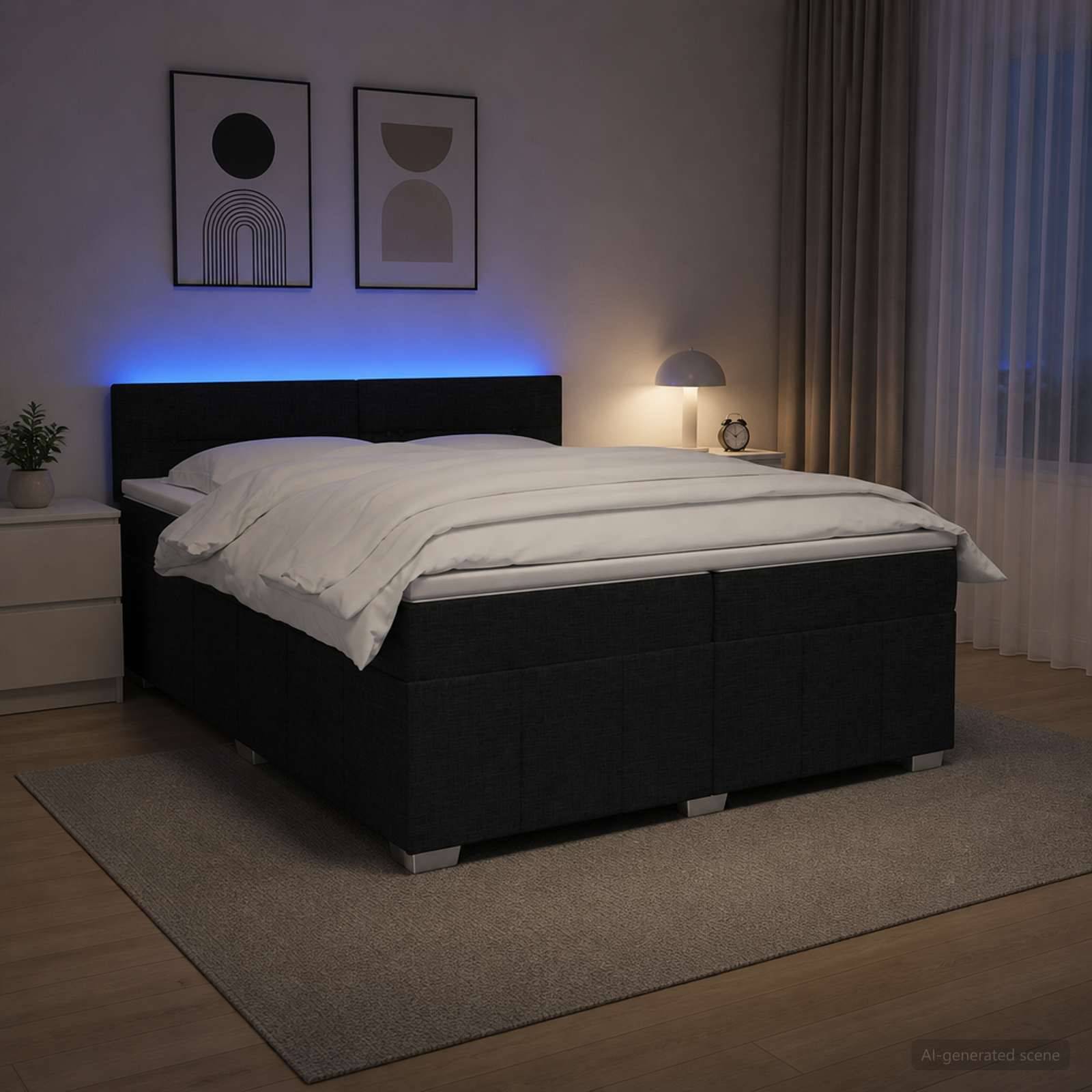 Modernes Schlafzimmer mit einem schwarz gepolsterten Bett, weißer Bettwäsche, blauer Kopfleuchte, Nachttischlampe, gerahmten Wandbildern und einem Teppich neben einem Fenster mit Vorhängen.