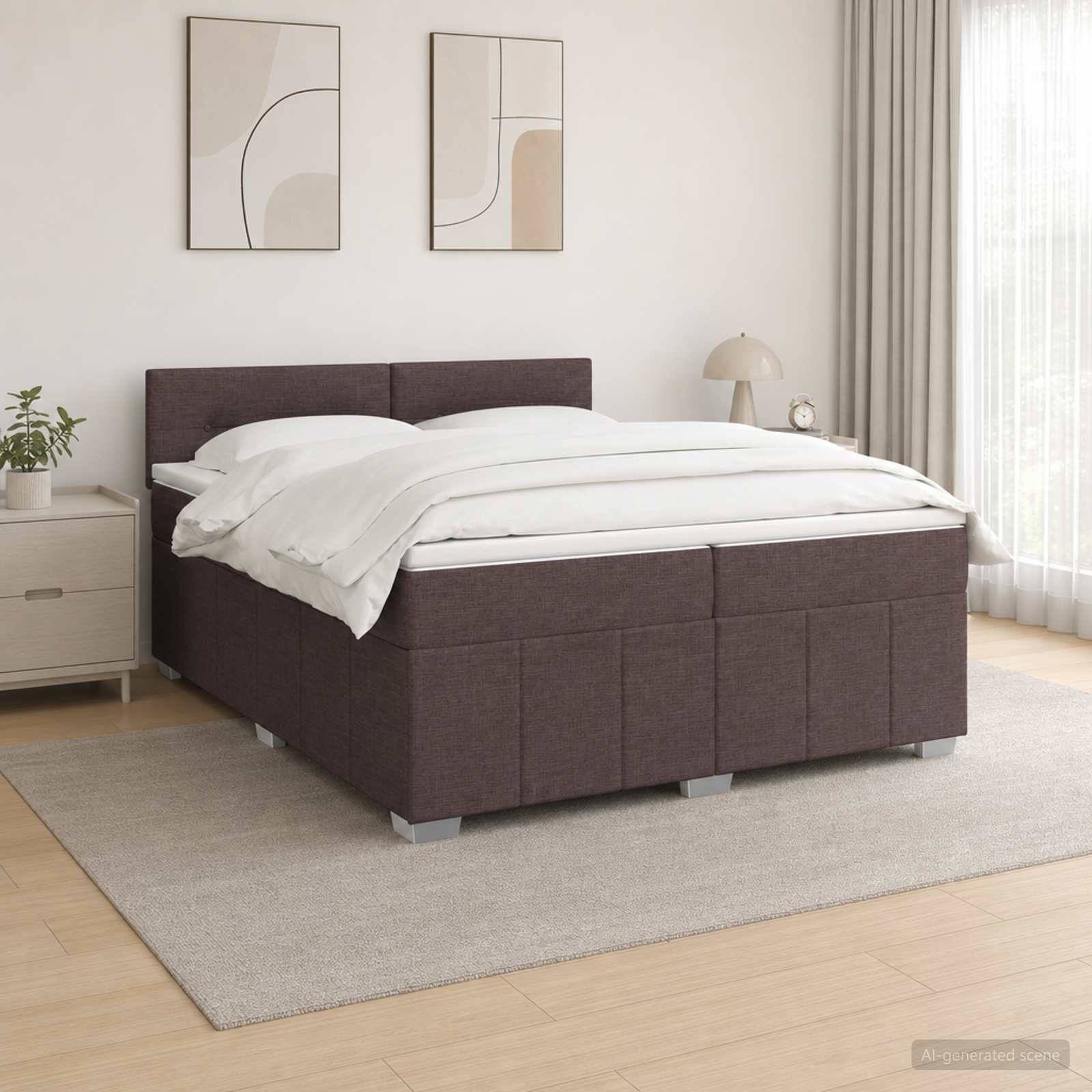 Modernes Schlafzimmer mit dunkelgepolstertem Bett, weißer Bettwäsche, Nachttischen, Wandkunst und einem Teppich in einem hellen, minimalistischen Raum.