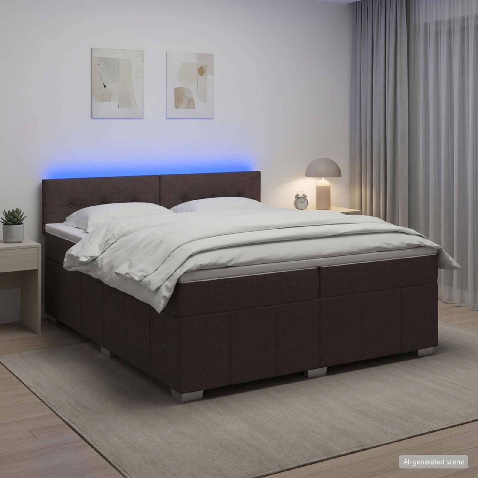 Modernes Schlafzimmer mit dunklem gepolstertem Bett, weißer Bettwäsche, blauer Hintergrundbeleuchtung, Nachttisch mit Lampe und Uhr sowie durchscheinenden Vorhängen.