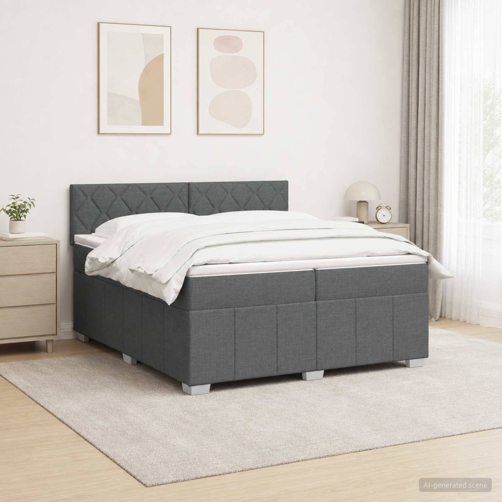 Grau gepolstertes Speicherbett in einem hellen minimalistischen Schlafzimmer, gezeigt mit weißer Bettwäsche, Nachttischen und gerahmter Wandkunst.