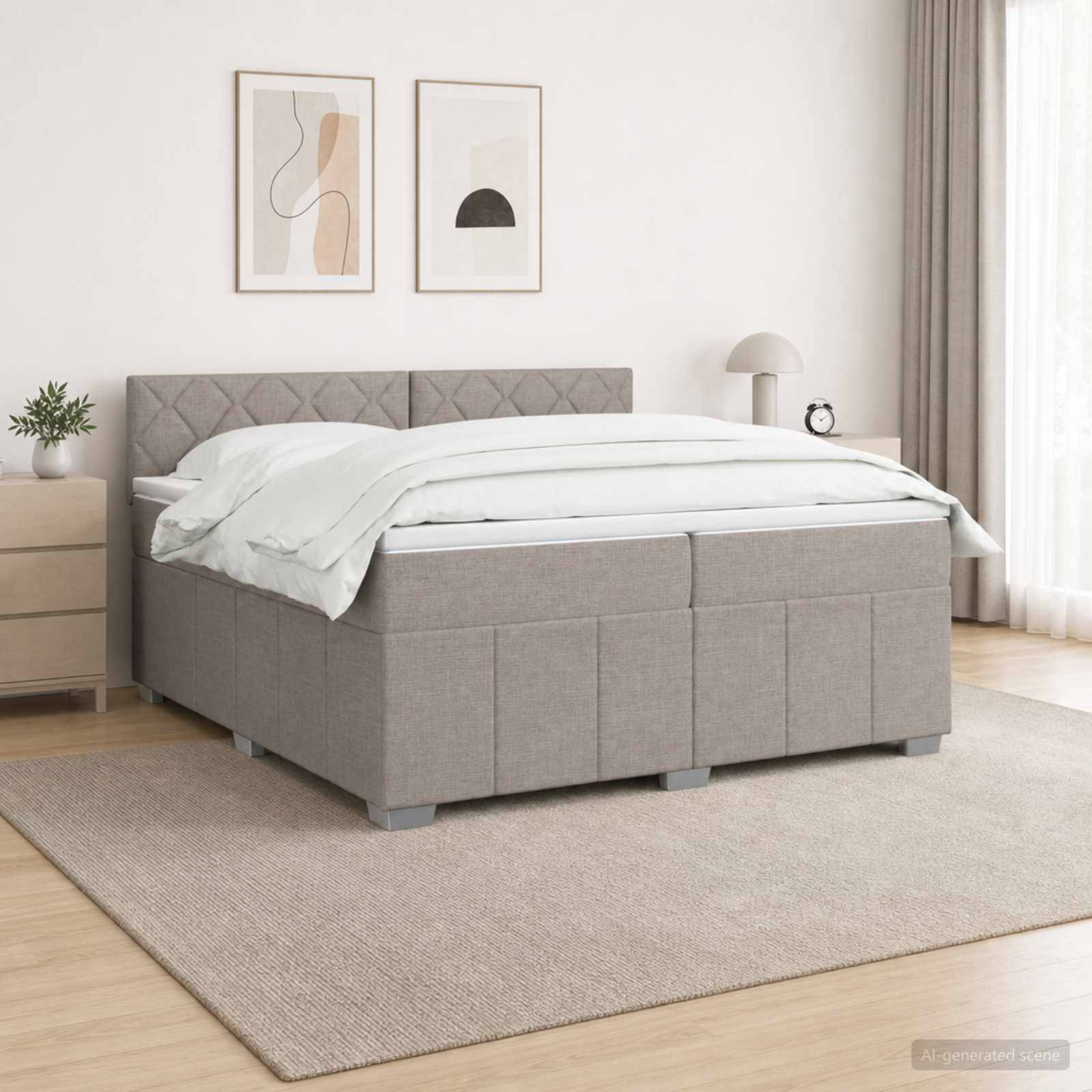 Minimalistisches Schlafzimmer mit einem grau gepolsterten Bett, weißer Bettwäsche, Nachttisch, Lampe, Wandkunst und einem hellen Teppich im Schlafbereich.