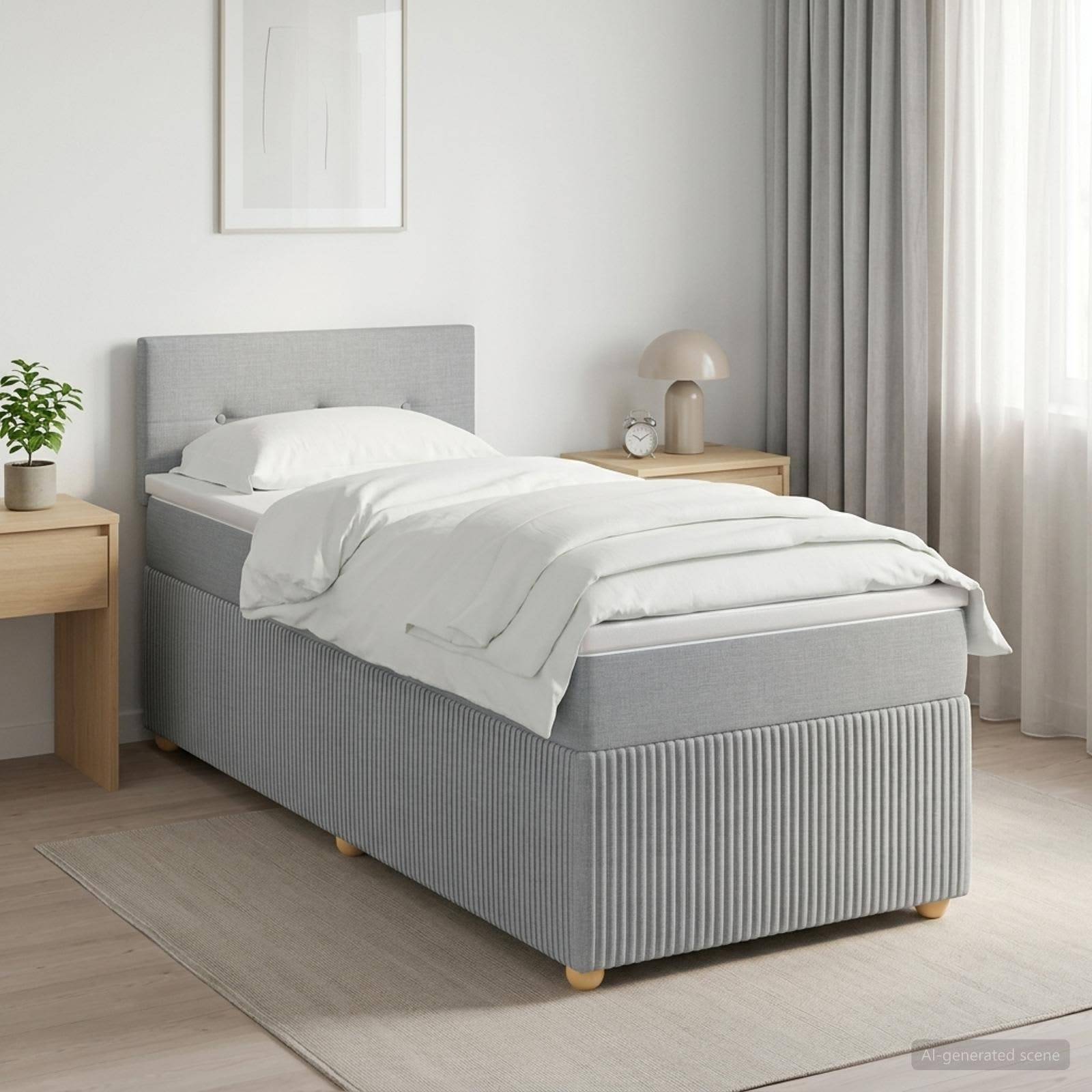 Ein sauber gemachtes Einzelbett mit weißer Bettwäsche und grauem gepolstertem Sockel in einem hellen, minimalistischen Schlafzimmer mit Nachttischen und Vorhängen.