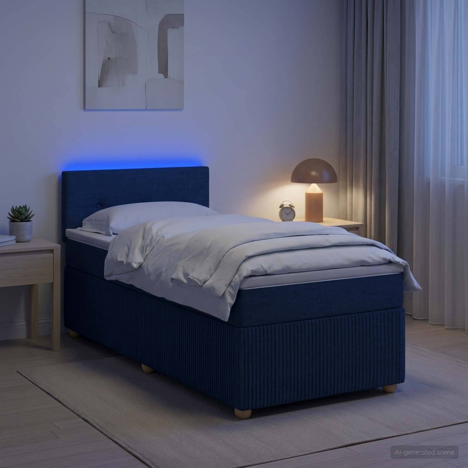 Ein ordentlich gemachtes, blau gepolstertes Einzelbett in einem sanft beleuchteten Schlafzimmer mit Nachttischen, Lampe, Pflanze, Kunstwerk und Vorhängen.