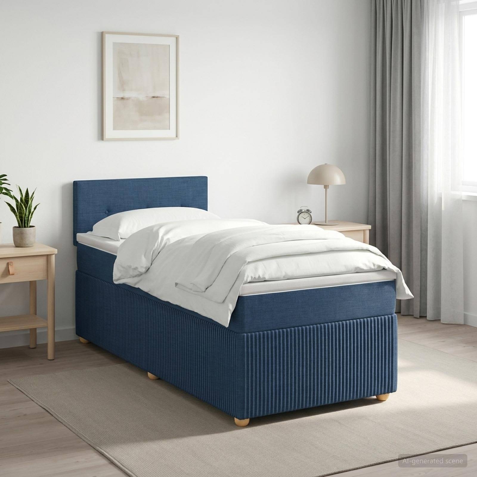 Ein ordentlich gemachtes blau gepolstertes Einzelbett in einem hellen minimalistischen Schlafzimmer mit einem Nachttisch, einer Lampe, einer Pflanze und gerahmter Wandkunst.