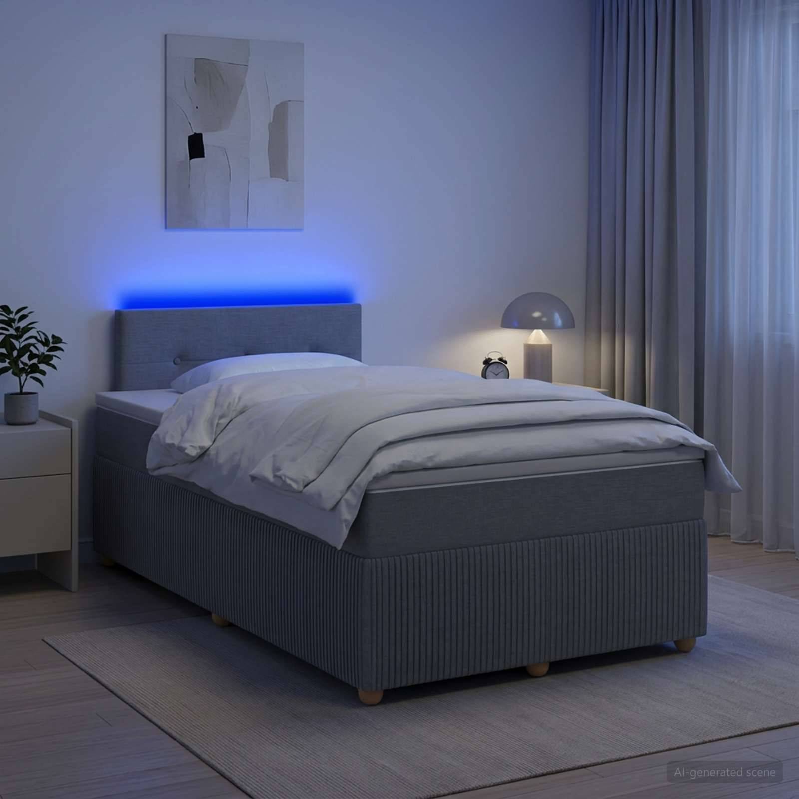 Modernes Schlafzimmer mit einem ordentlich gemachten grauen Bett, blauer LED-Kopfleuchte, Nachttischleuchte, Vorhängen und gerahmten Wandbildern.