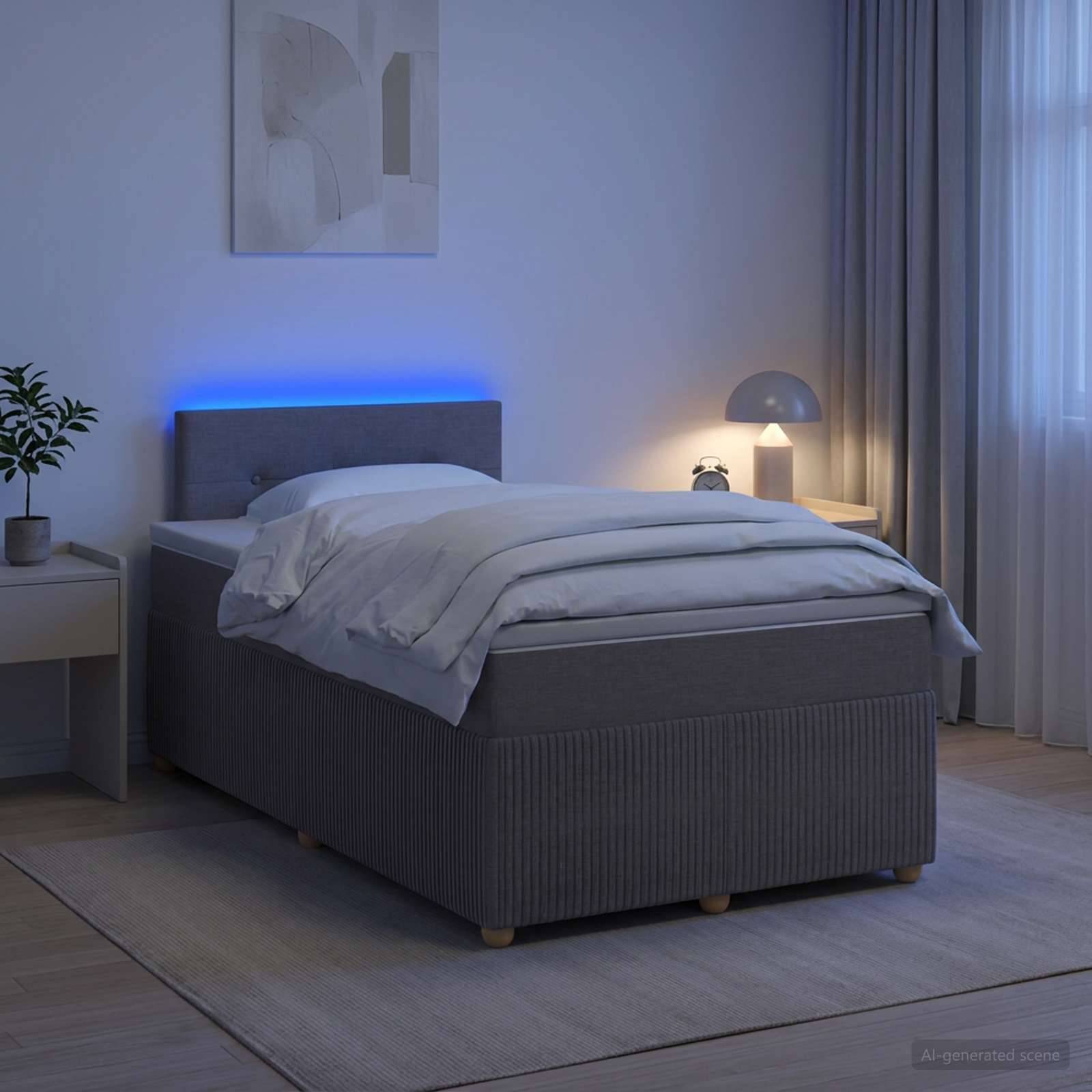 Modernes Schlafzimmer mit einem grau gepolsterten Bett, weißer Bettwäsche, Nachttischlampe, Pflanze und sanfter blauer Hintergrundbeleuchtung in einem minimalistischen Raum.