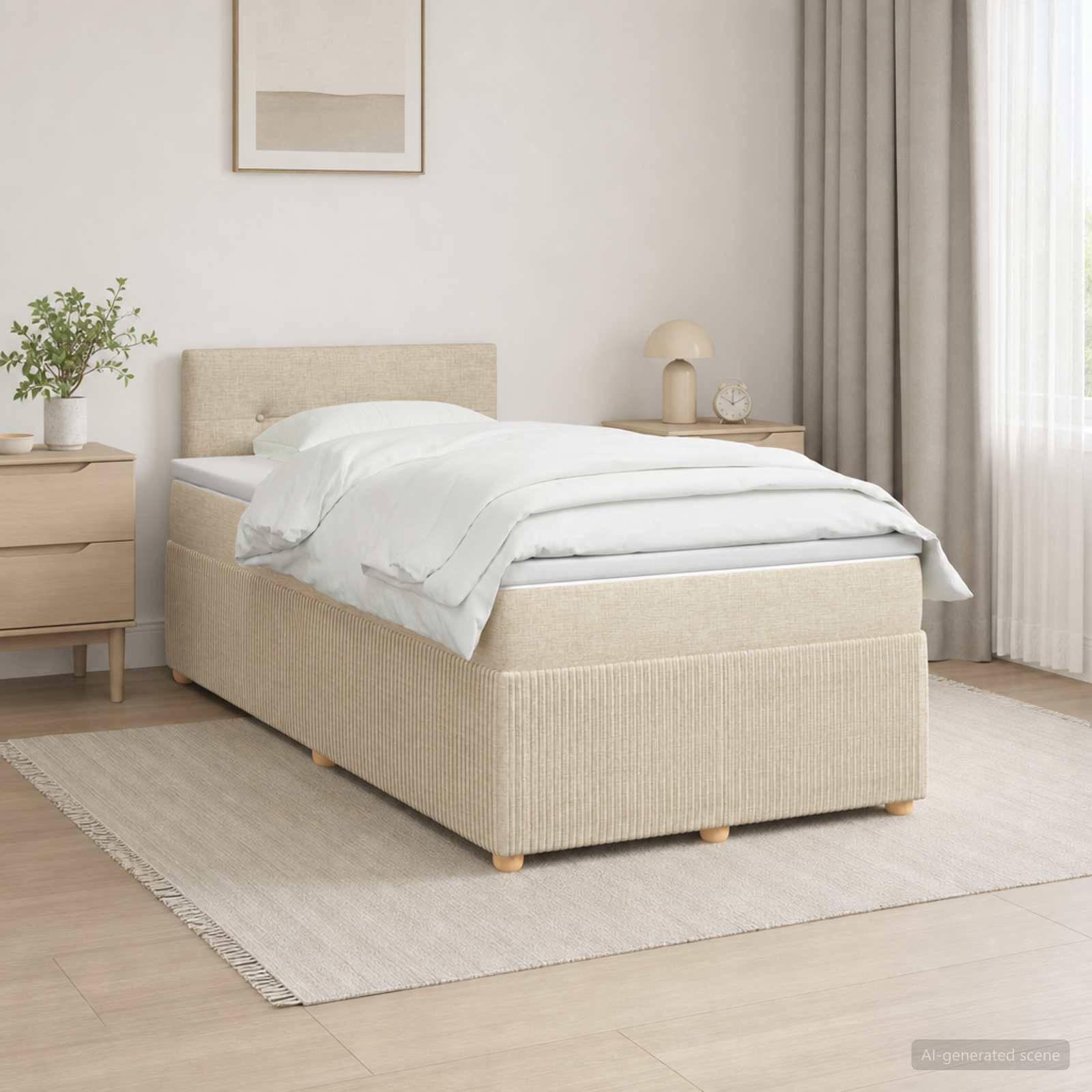 Minimalistisches beiges Polsterbett mit weißer Bettwäsche in einem hellen, modernen Schlafzimmer neben einem Nachttisch, einer Lampe und einer Pflanze.