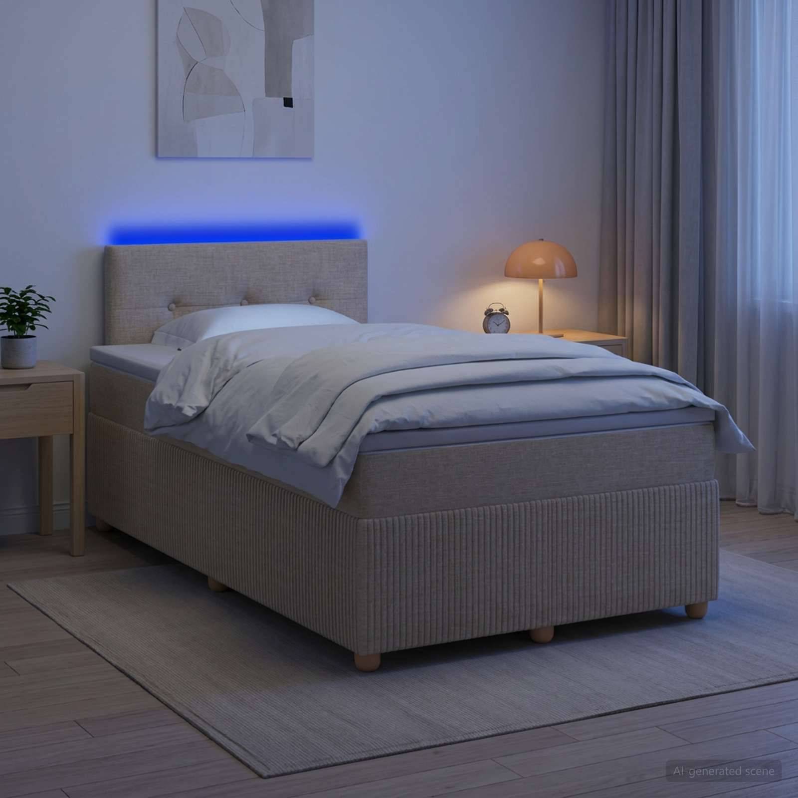Modernes Schlafzimmer mit gepolstertem Bett, weißer Bettwäsche, blau hinterleuchtetem Kopfteil, Nachttischlampen und weichen Vorhängen in einem ruhigen Interieur.