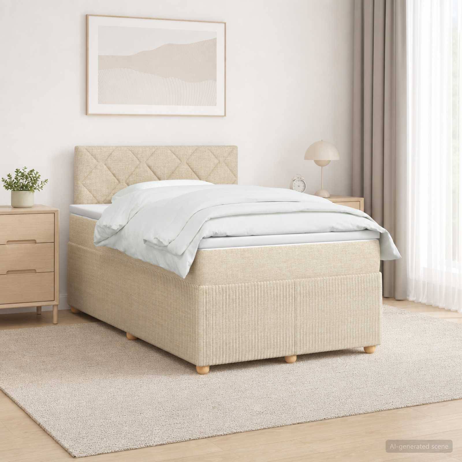 Minimalistisches beiges Schlafzimmer mit gepolstertem Bett, weißer Bettwäsche, Nachttisch, Lampe und gerahmten Wandbildern auf einem hellen Teppich.