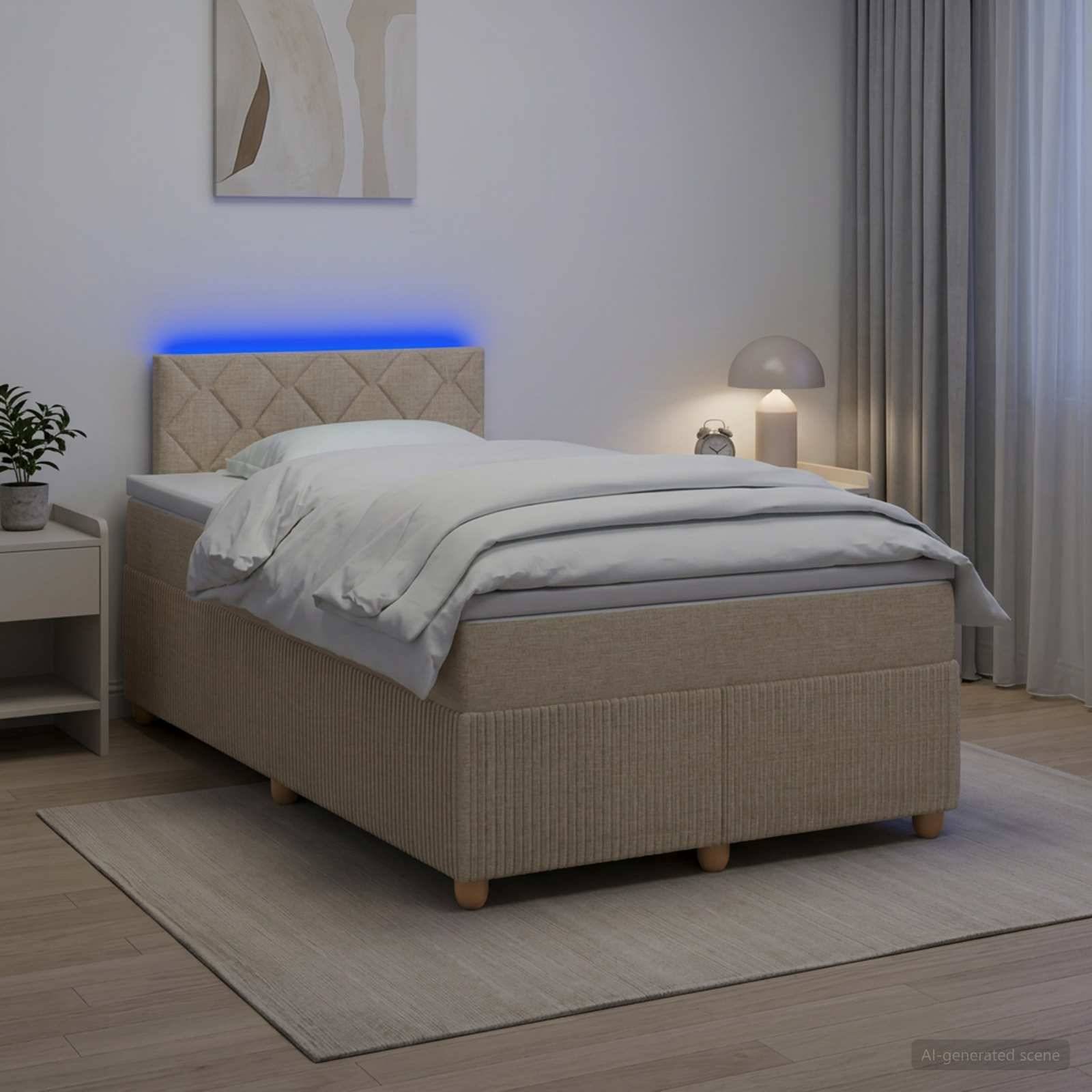Modernes Schlafzimmer mit beigem gepolstertem Bett, weißer Bettwäsche, blau beleuchtetes Kopfteil, Nachttischlampe, Vorhang, Pflanze und Wandkunst.