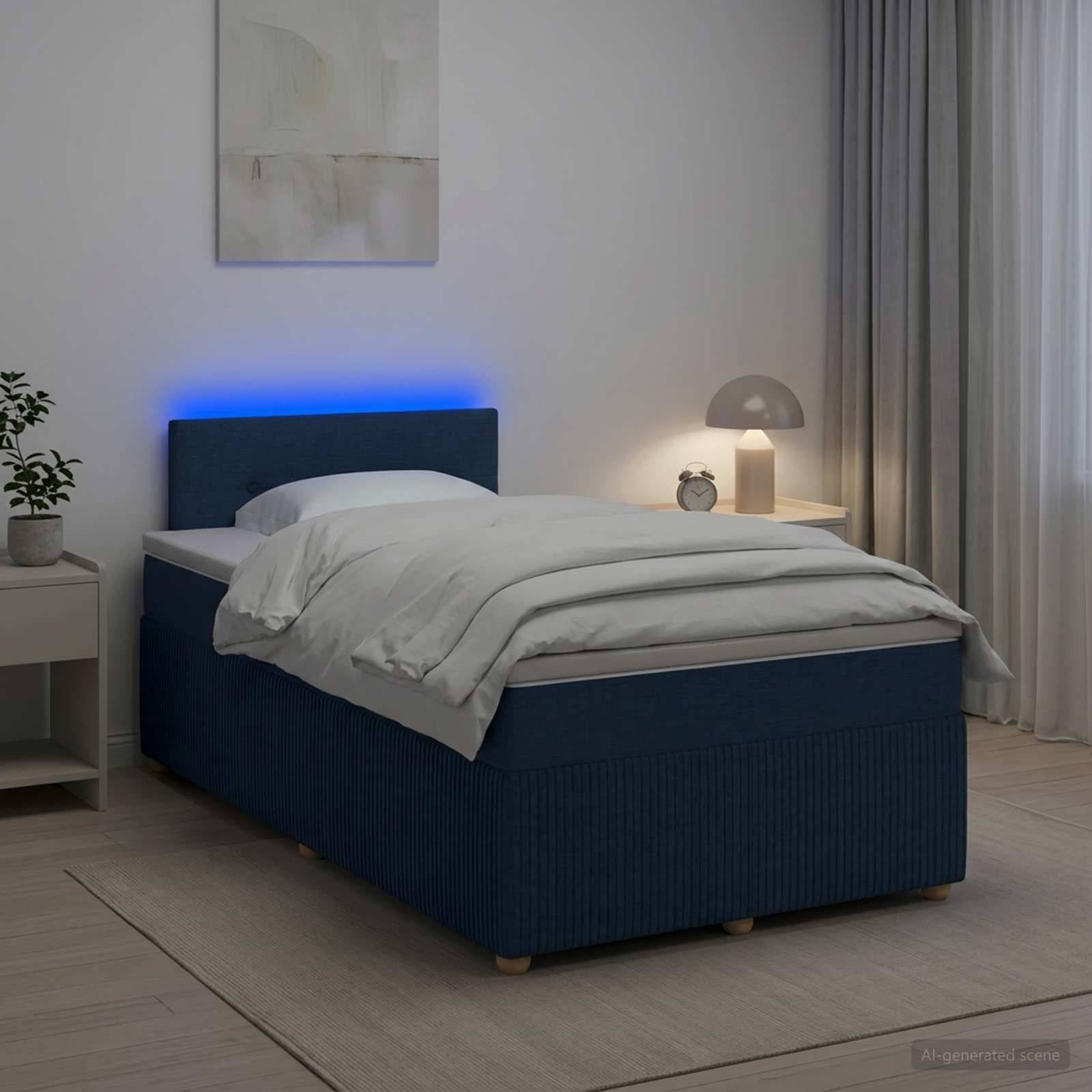 Modernes Schlafzimmer mit dunkelblauem Bett und leuchtendem blauem Kopfteil, weißer Bettwäsche, Nachttischen, Lampe, Uhr, Pflanze und Vorhängen.