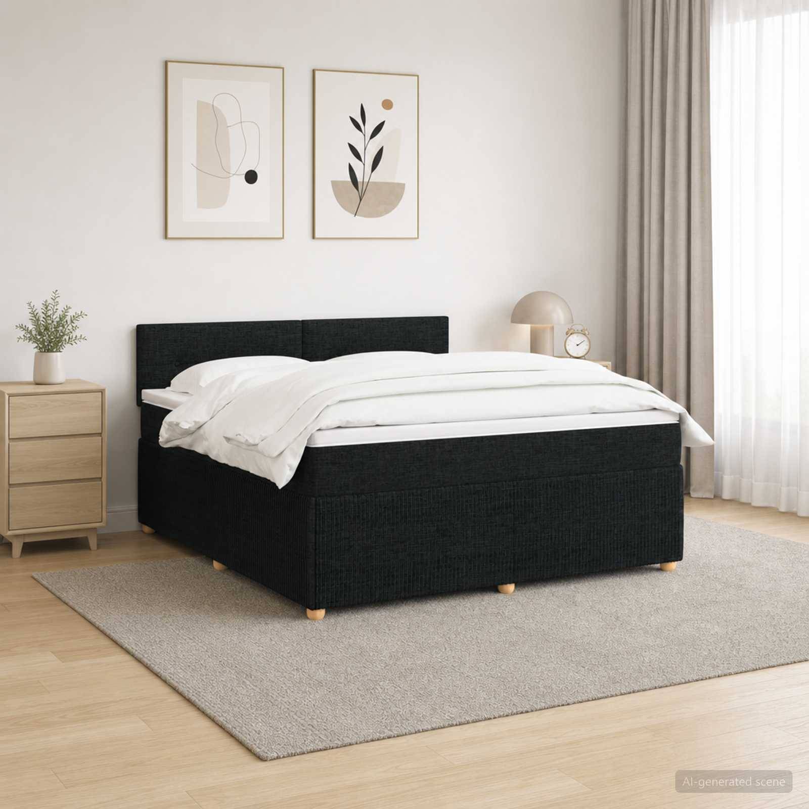 Modernes Schlafzimmer mit einem schwarz gepolsterten Bett, weißer Bettwäsche, Nachttisch, Stehleuchte, Wandkunst im Rahmen und beigem Teppich.