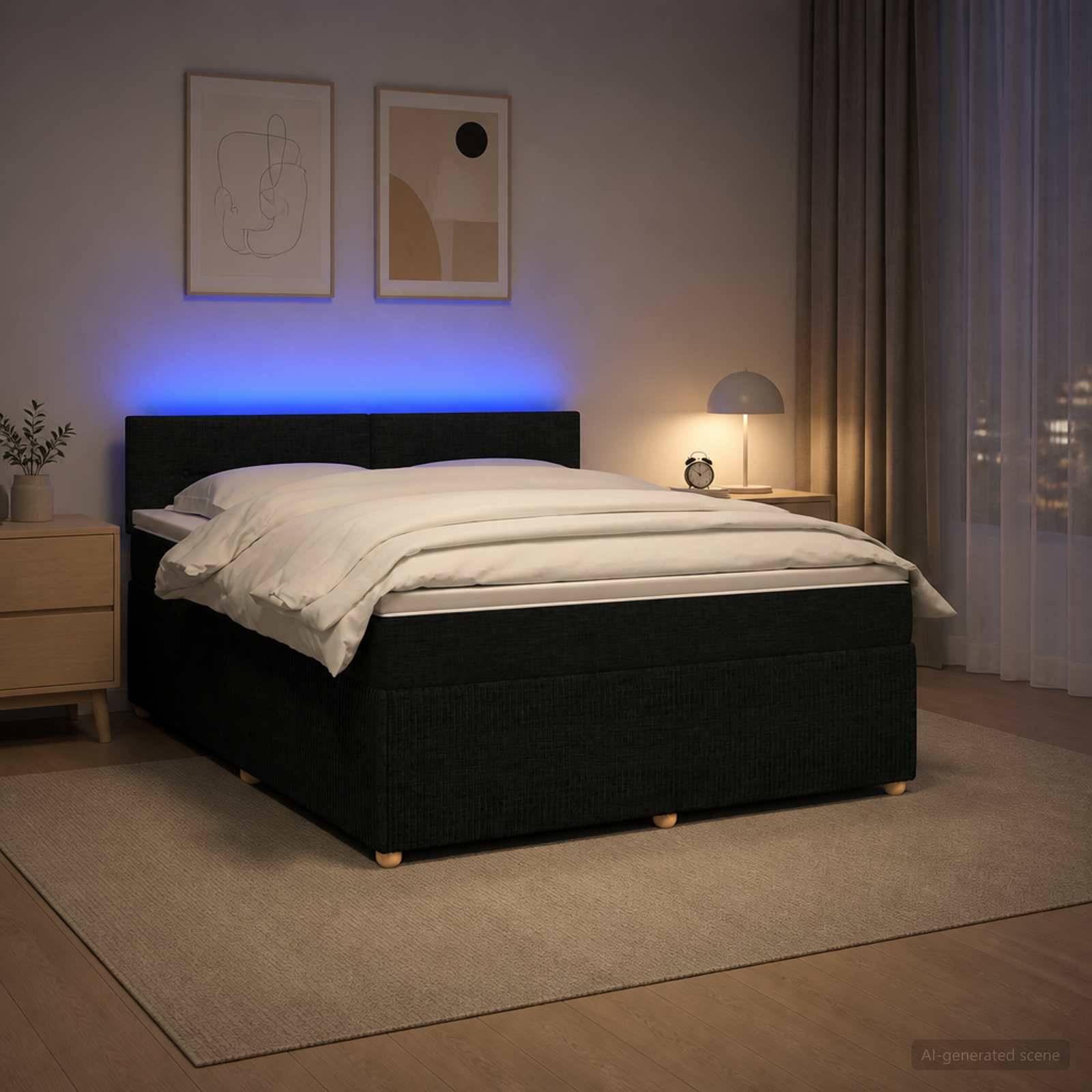 Modernes Schlafzimmer mit einem schwarz gepolsterten Bett, weißer Bettwäsche, blauer Hintergrundbeleuchtung, Nachttischleuchte, gerahmelter Kunst und transparenten Vorhängen.