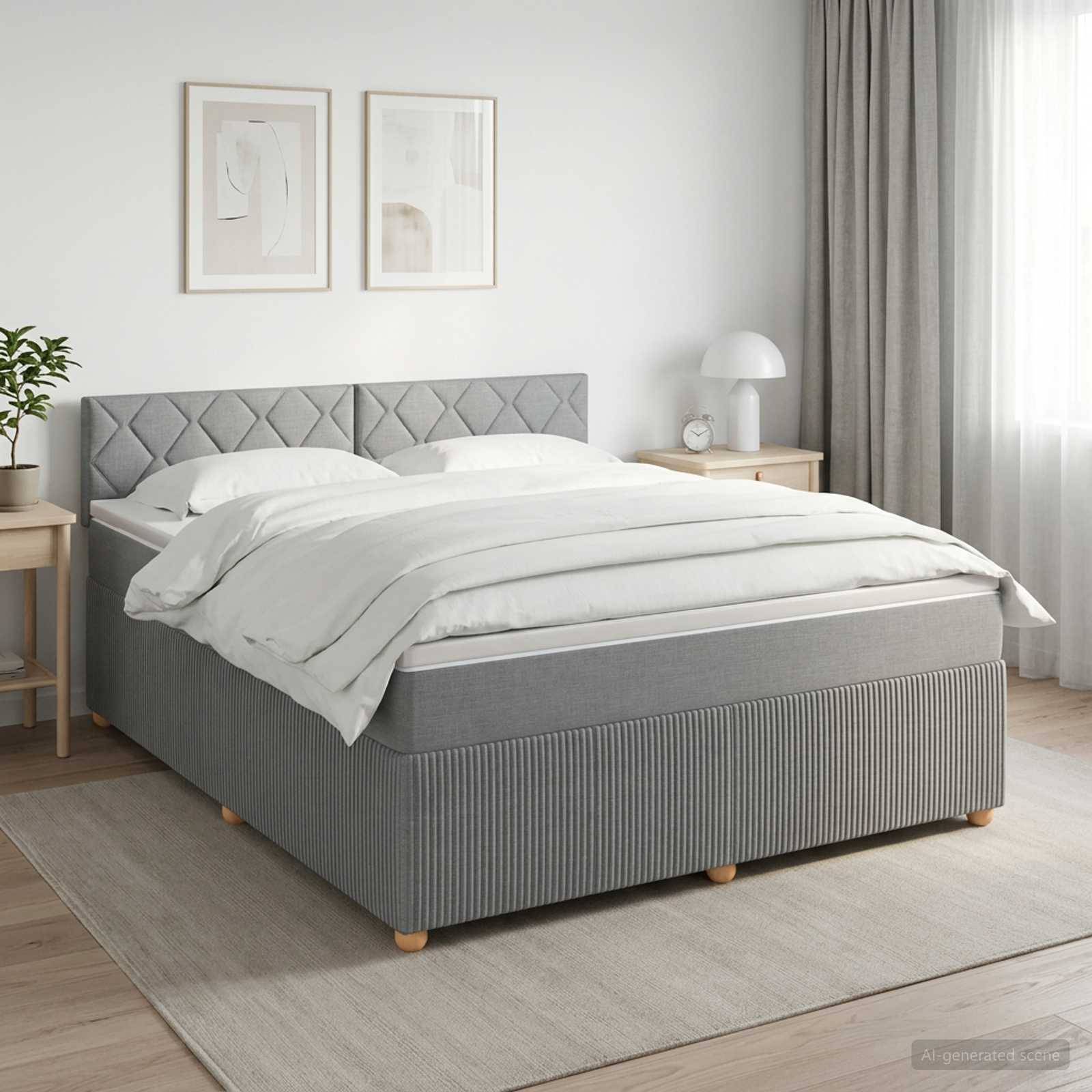 Grau gepolstertes Bett mit weißer Bettwäsche in einem hellen, minimalistischen Schlafzimmer, flankiert von kleinen hölzernen Nachttischen und gerahmter Wandkunst.
