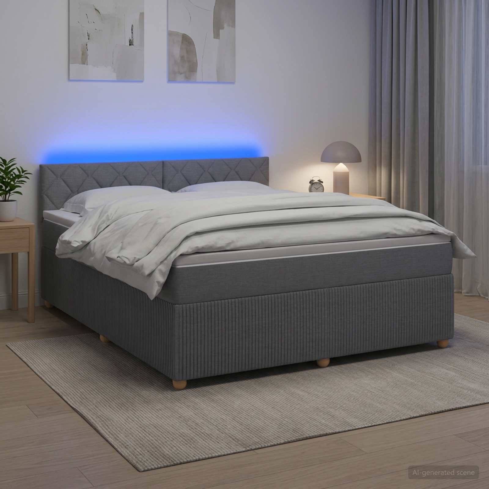Modernes grau gepolstertes Bett mit weißer Bettwäsche, blau hinterleuchtetem Kopfteil, Nachttischlampe und Tisch in einem minimalistischen Schlafzimmer.