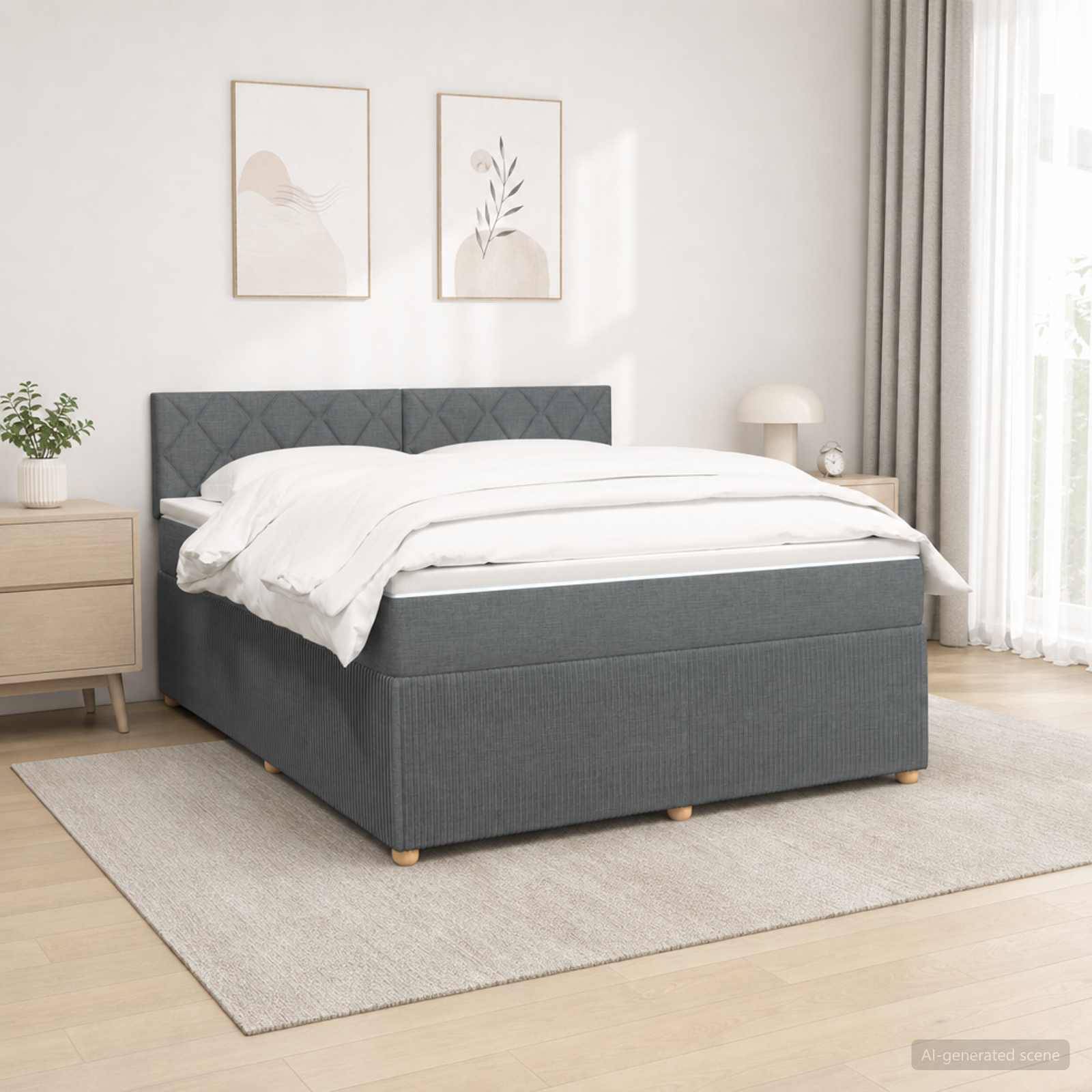 Modernes Schlafzimmer mit einem grau gepolsterten Bett, weißer Bettwäsche, Nachttisch, gerahmter Wandkunst und leichten Vorhängen auf einem beigefarbenen Teppich.