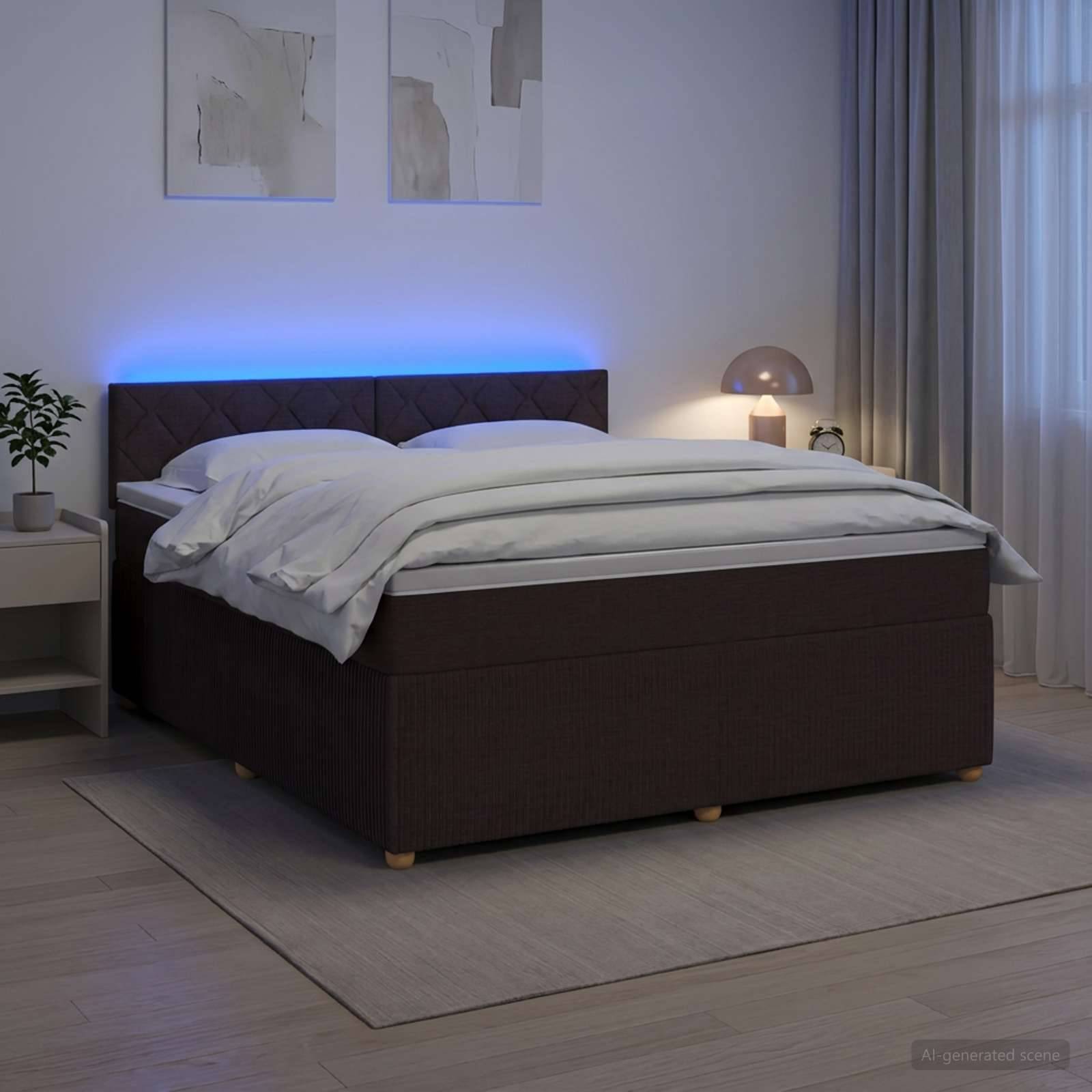Modernes Schlafzimmer mit dunklem gepolstertem Bett, weißer Bettwäsche, blauer Kopfleuchtenbeleuchtung, Nachttischlampe, Pflanze und Vorhängen in einem minimalistischen Raum.