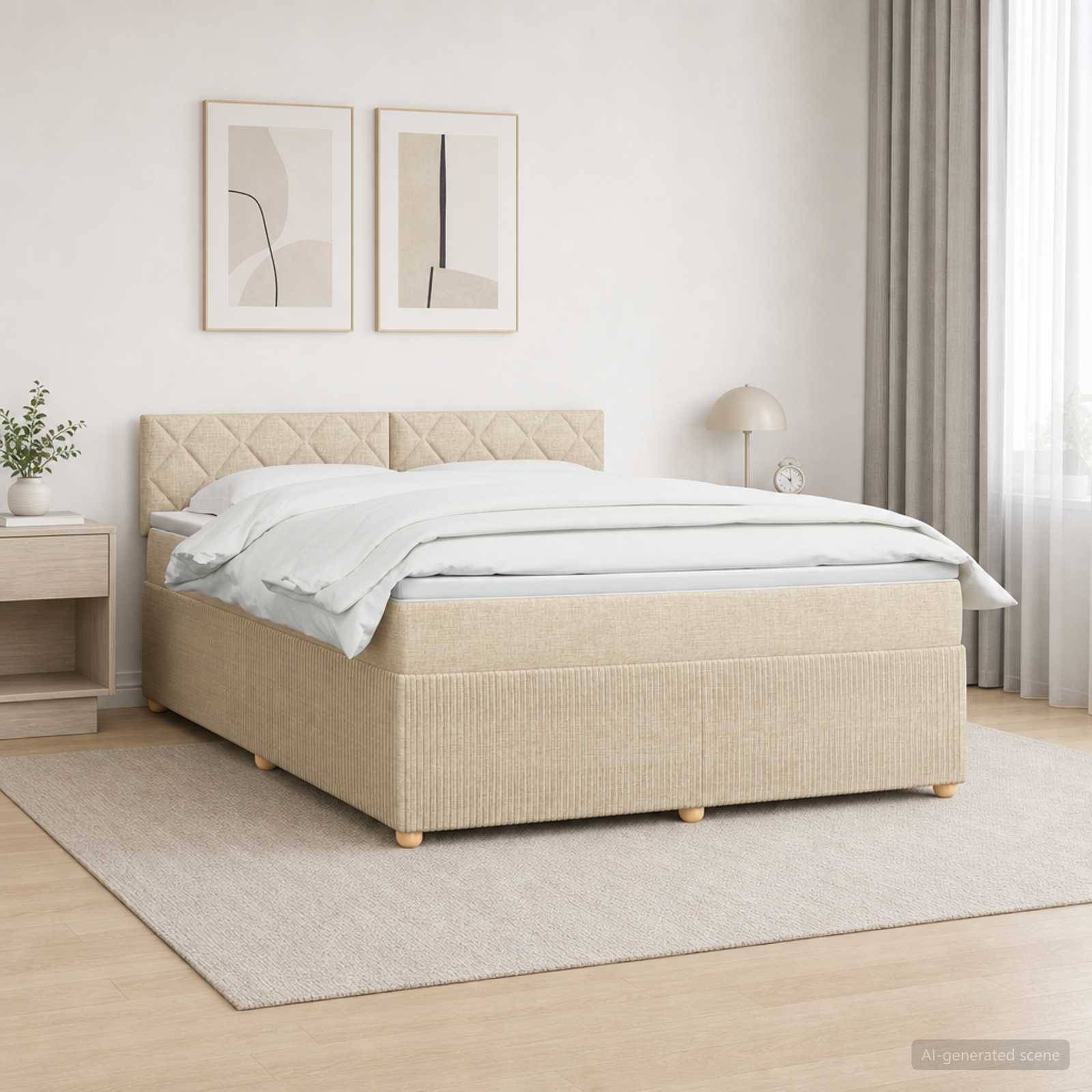 Beigefarbenes gepolstertes Bett mit gestepptem Kopfteil, weiße Bettwäsche und passender Nachttisch in einem minimalistischen Schlafzimmer mit gerahmten Wandbildern und transparenten Vorhängen.