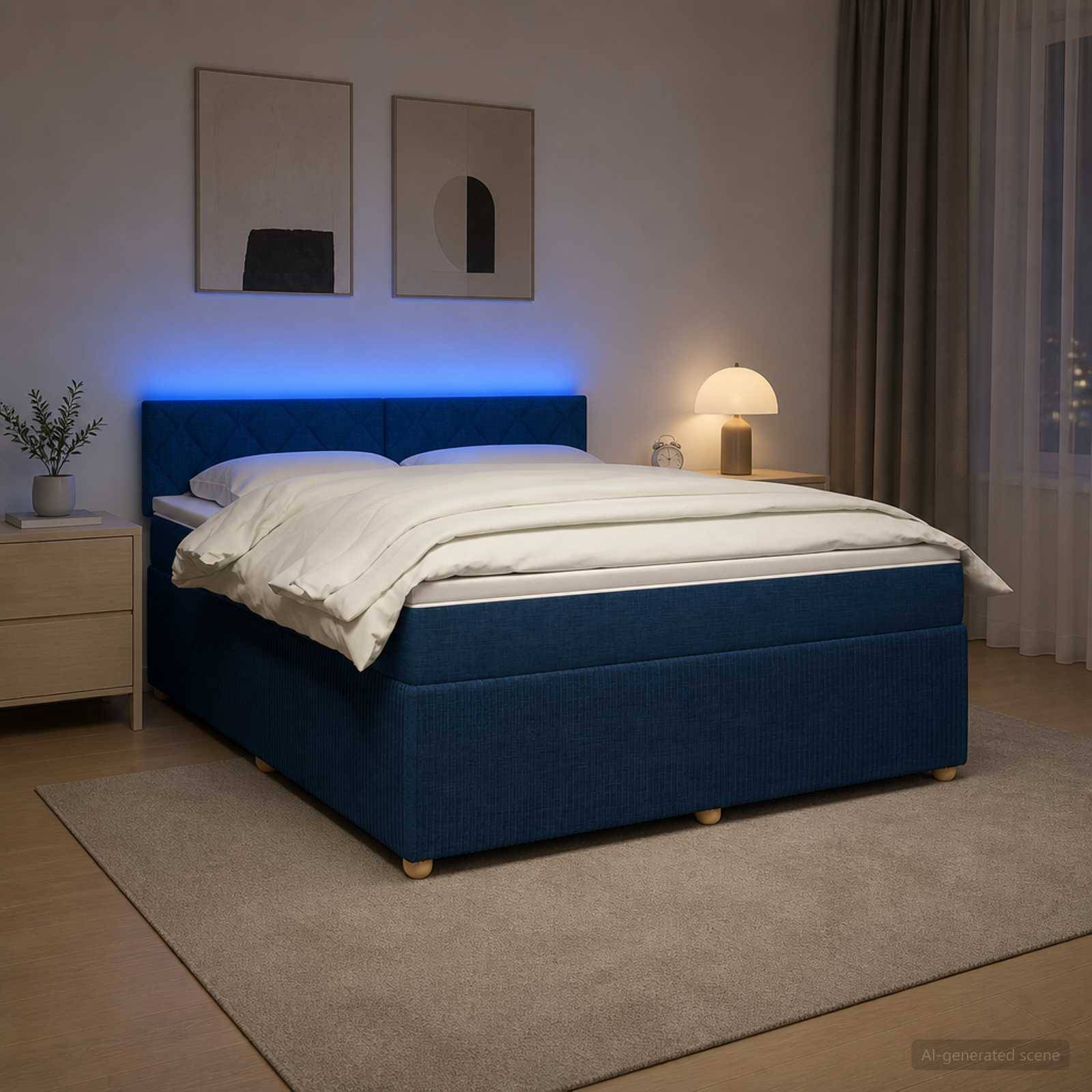 Modernes Schlafzimmer mit einem blau gepolsterten Bett, weißer Bettwäsche, Nachttischlampe, Nachttisch, Wandkunst und sanfter blauer Hintergrundbeleuchtung.