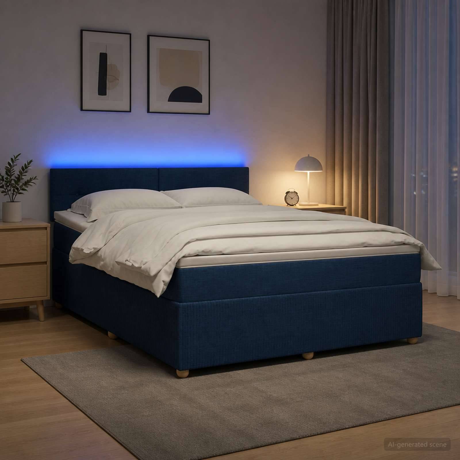 Modernes Schlafzimmer mit einem blaugepolsterten Bett, weißer Bettwäsche, leuchtender Kopfleuchte, Nachttischlampe, gerahmten Wandbildern und einem Teppich auf Holzboden.