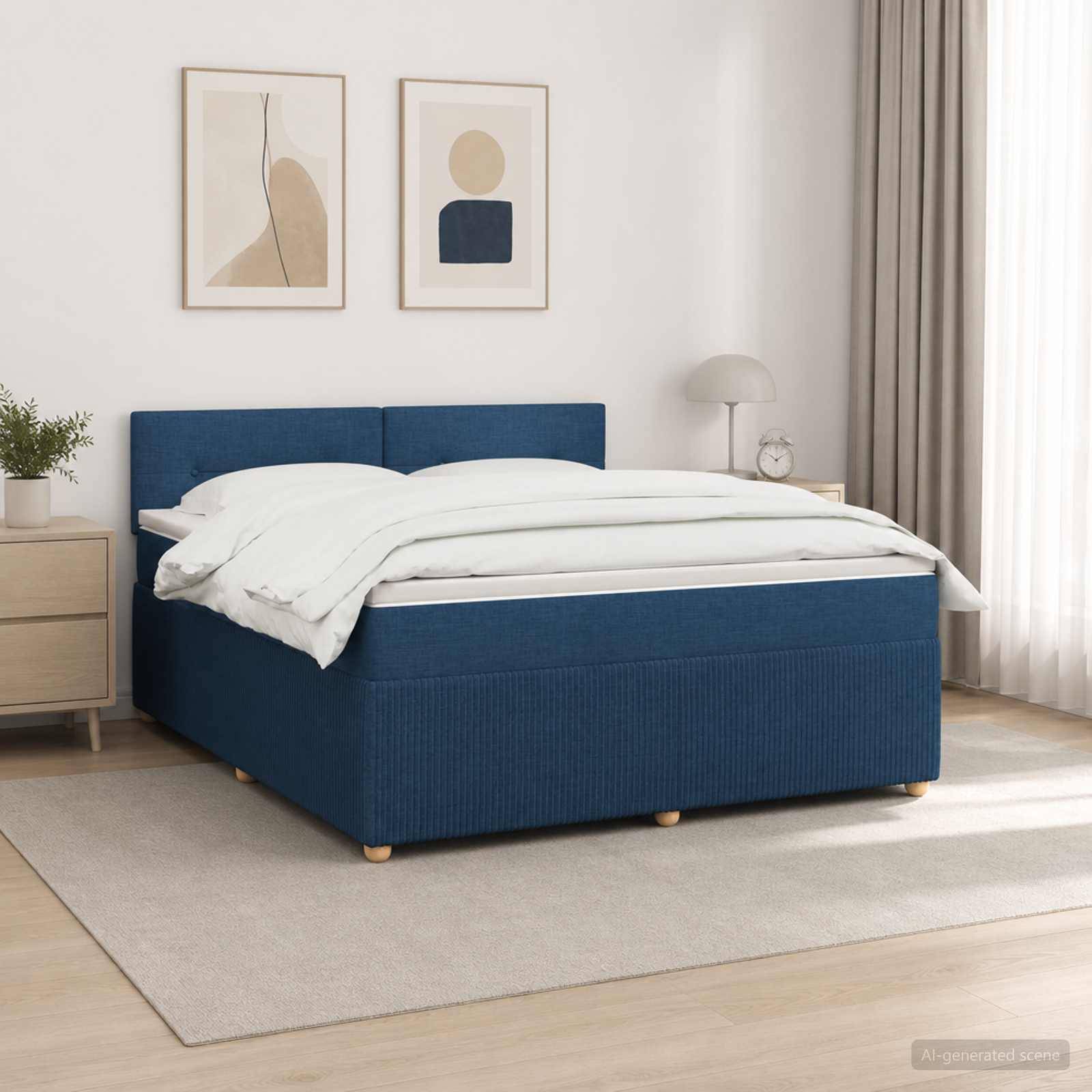 Bett mit blauem Polsterstoff und weißer Bettwäsche in einem minimalistischen Schlafzimmer, dargestellt mit gerahmter Wandkunst, Nachttisch, Lampe und Vorhängen.
