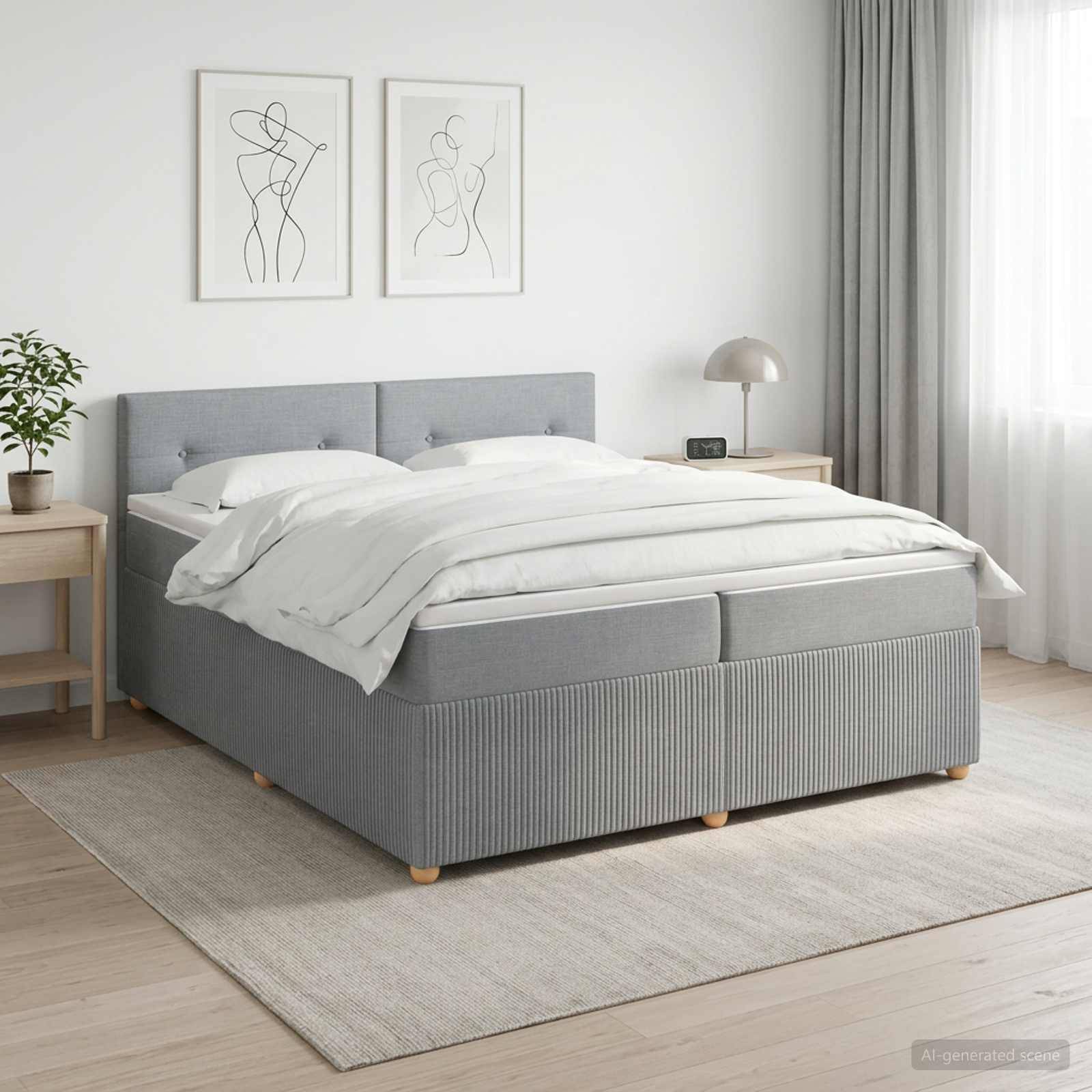 Modernes grau gepolstertes Bett mit weißer Bettwäsche in einem hellen minimalistischen Schlafzimmer, flankiert von Nachttischen, Lampe, Pflanze und Wandkunst.