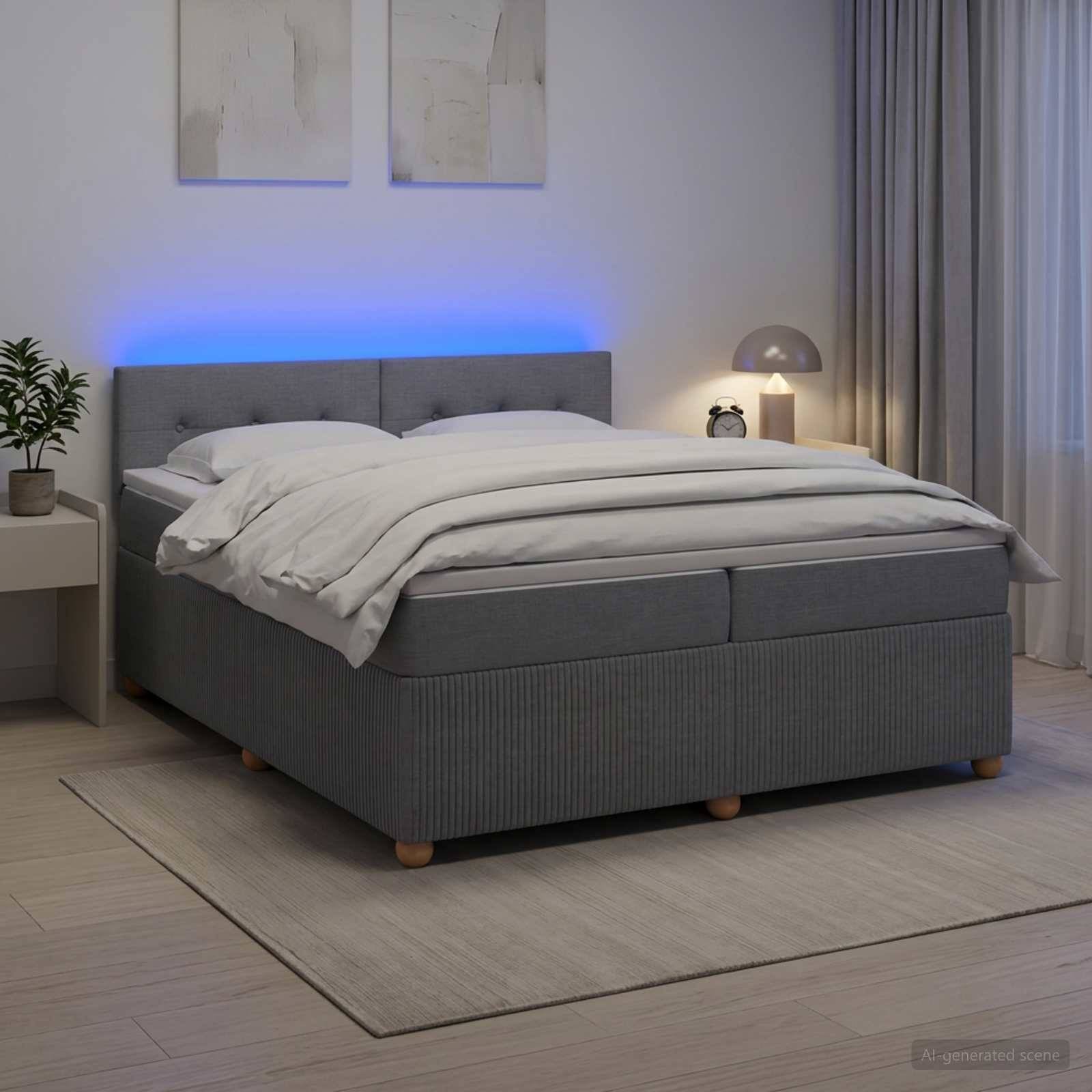 Modernes grau gepolstertes Bett mit weißer Bettwäsche und blauem LED-Kopfteillicht in einem minimalistischen Schlafzimmer mit Nachttischlampe und Teppich.