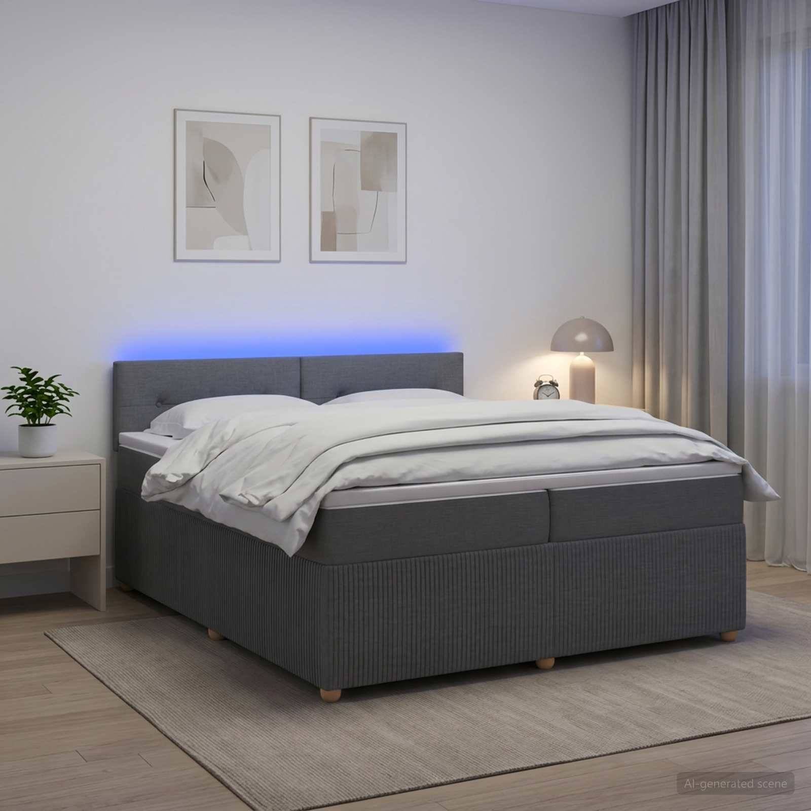 Modernes Schlafzimmer mit einem grau gepolsterten Bett, weißer Bettwäsche, blauer Kopfleuchte, Nachttisch, Lampe, Pflanze und gerahmter Wandkunst.