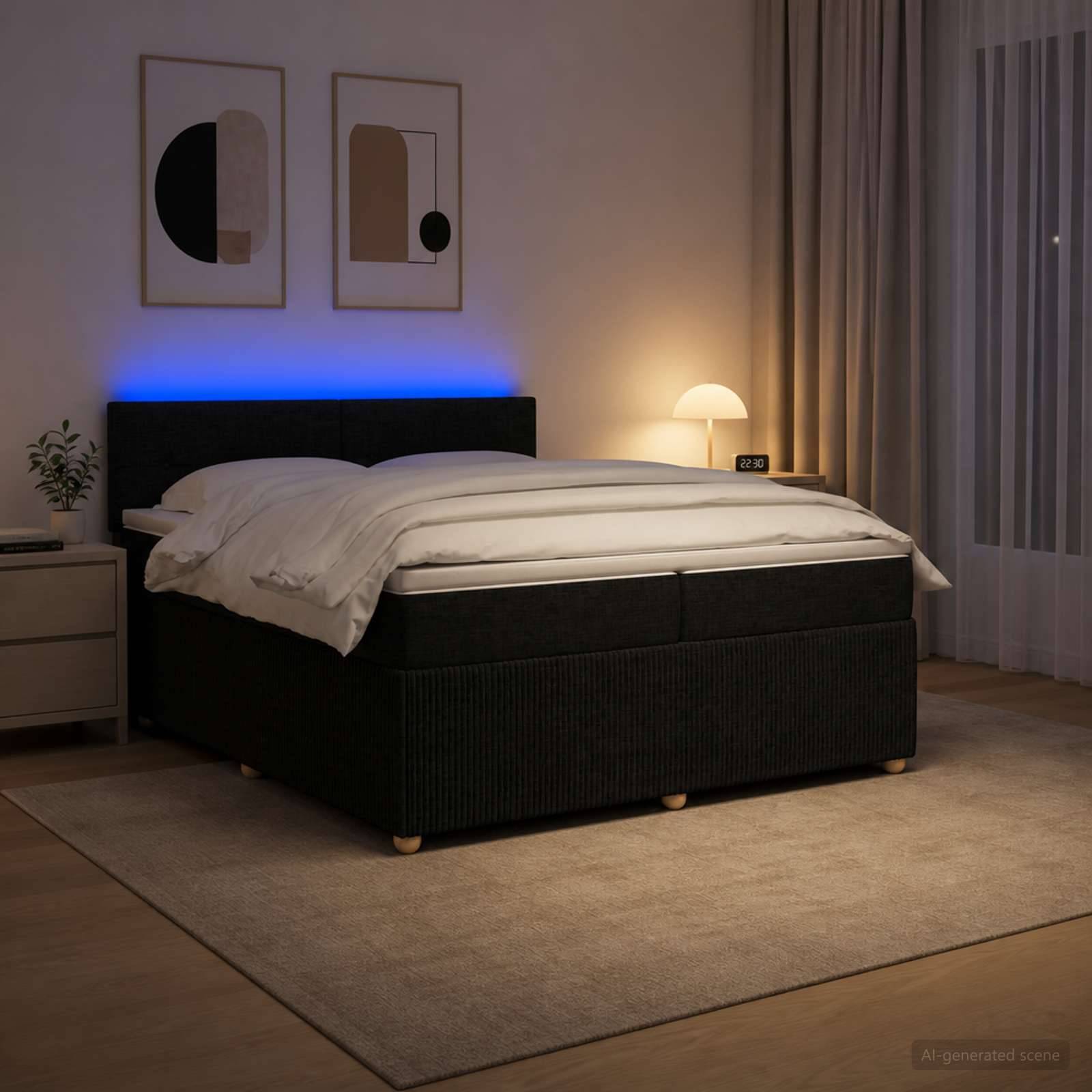 Modernes Schlafzimmer mit schwarzem Bett, weißer Bettwäsche, blauem LED-Kopfteuerglanz, Nachttischlampe, Wandkunst in Rahmen und durchscheinenden Vorhängen.