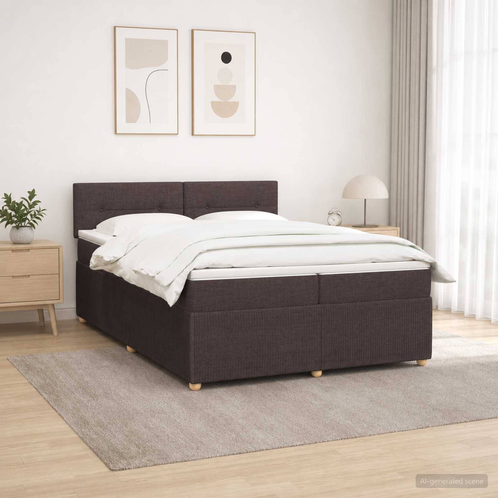 Modernes Schlafzimmer mit einem dunkel gepolsterten Bett, das mit weißer Bettwäsche bezogen ist, abstrakten Rahmenbildern darüber, Nachttisch, Lampe, Pflanze und Teppich.